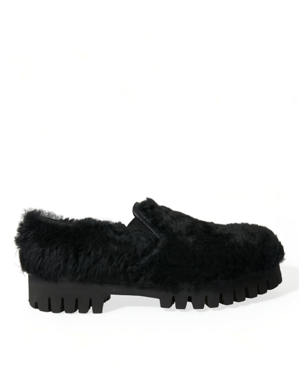 Chaussures habillées en cuir et fourrure noire de Dolce & Gabbana, slippers élégants pour femme.