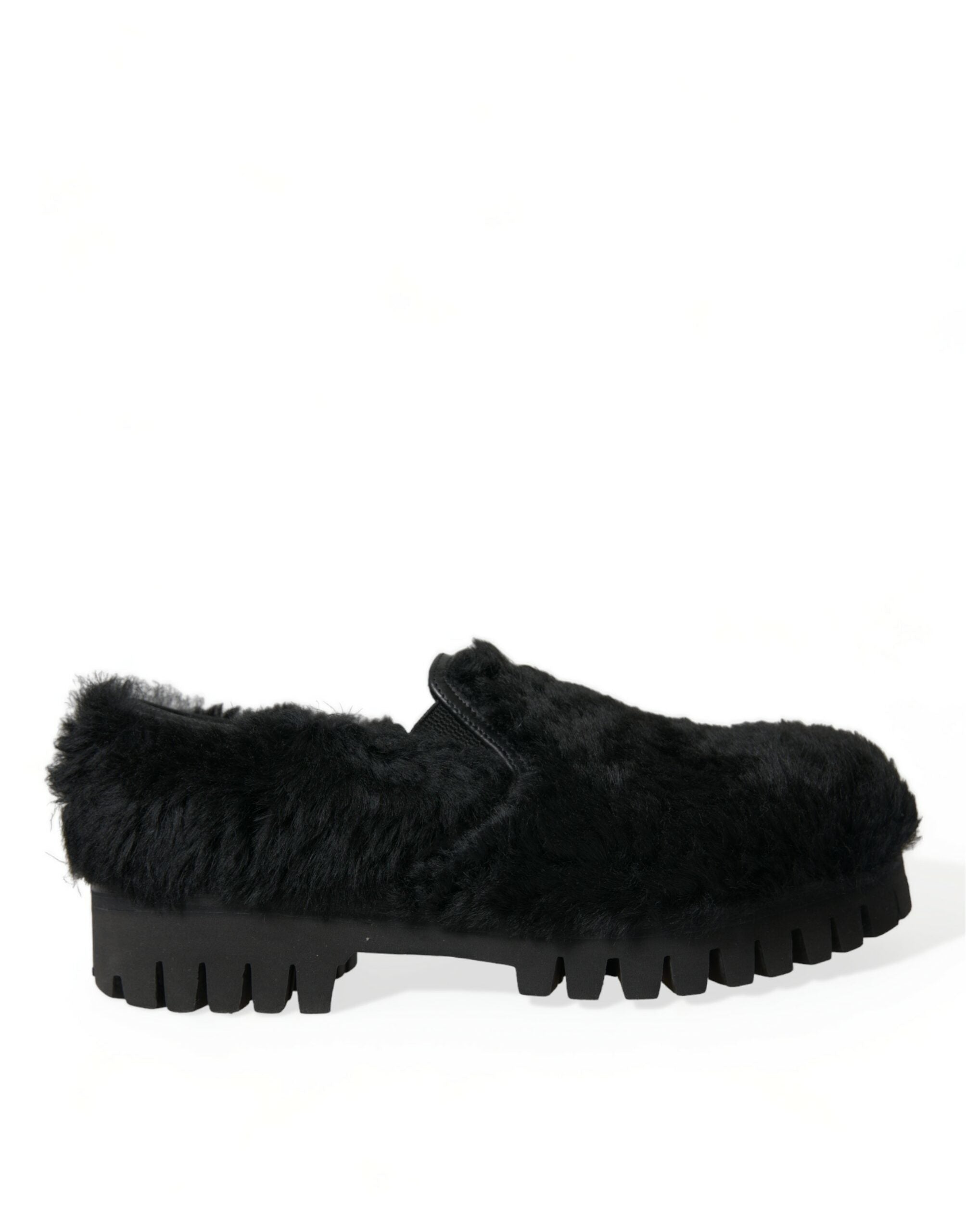 Chaussures habillées en cuir et fourrure noire de Dolce & Gabbana, slippers élégants pour femme.