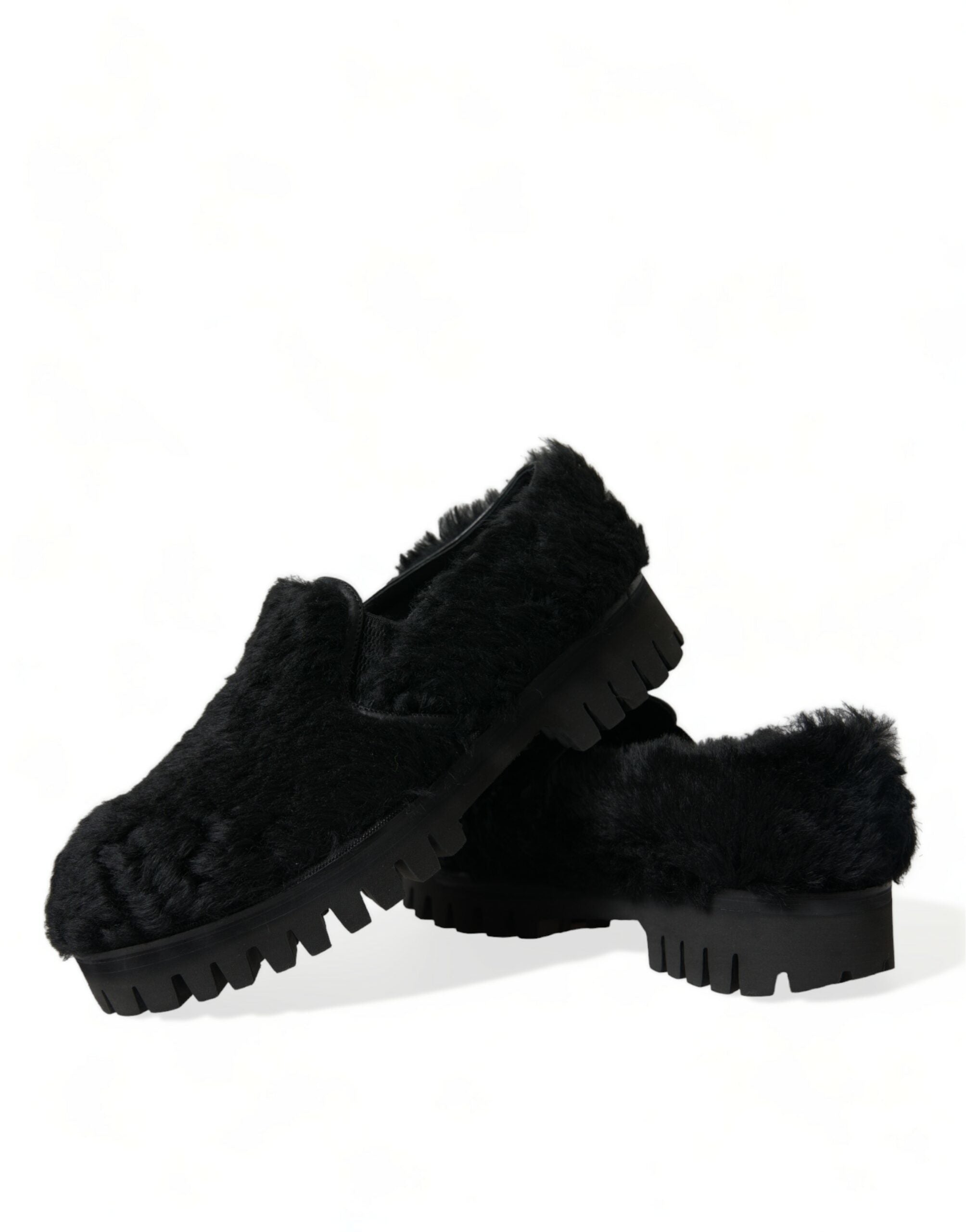 Pantoufles en cuir et fourrure noire Dolce & Gabbana, chaussures habillées élégantes pour femme, confortables et sophistiquées.