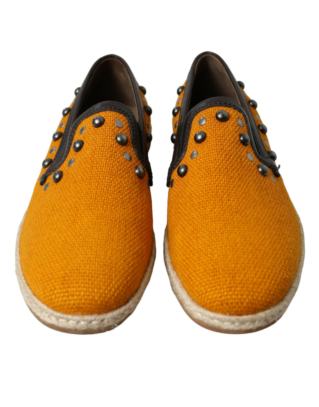 Mocassins en lin orange Dolce & Gabbana avec détails en cuir et clous, chaussures élégantes pour femme.