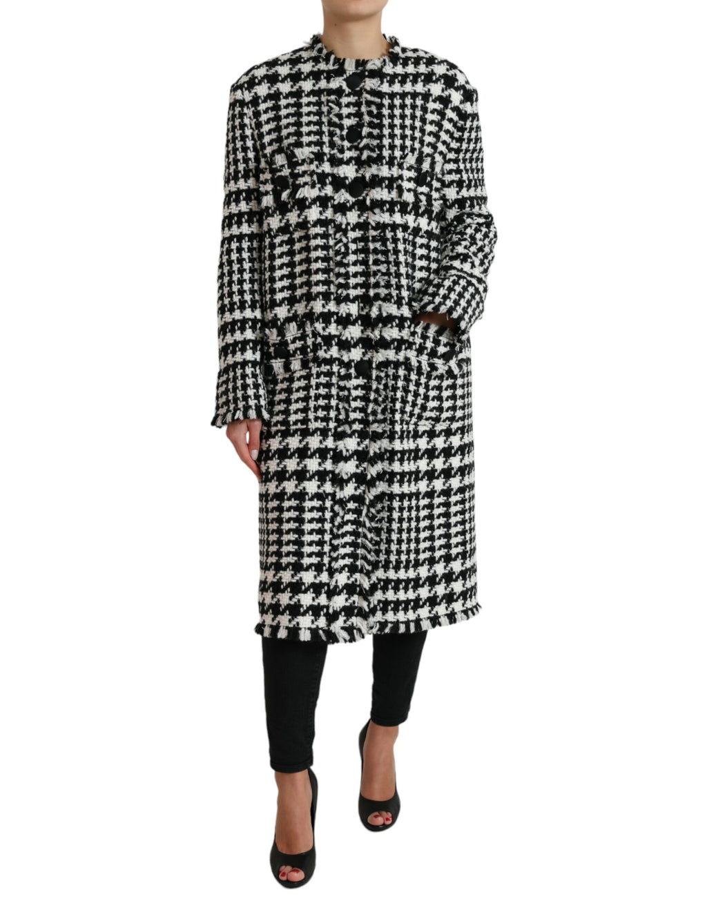 Manteau trench noir et blanc à carreaux houndstooth Dolce & Gabbana, veste élégante en tissu léger.