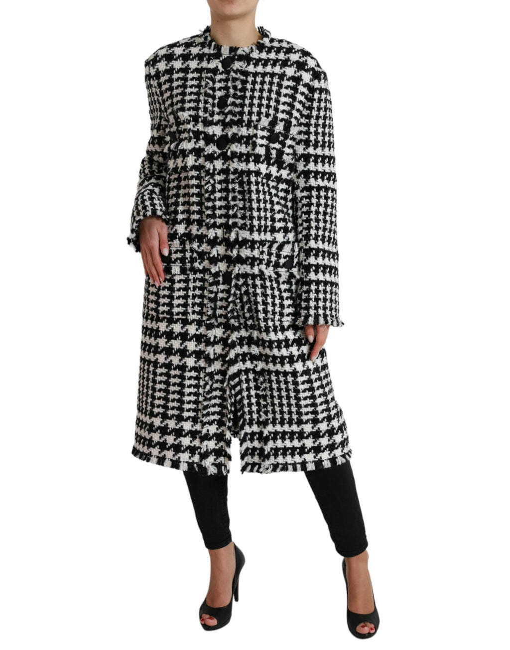 Manteau trench noir et blanc à motif pied de poule Dolce & Gabbana, veste élégante pour femme.
