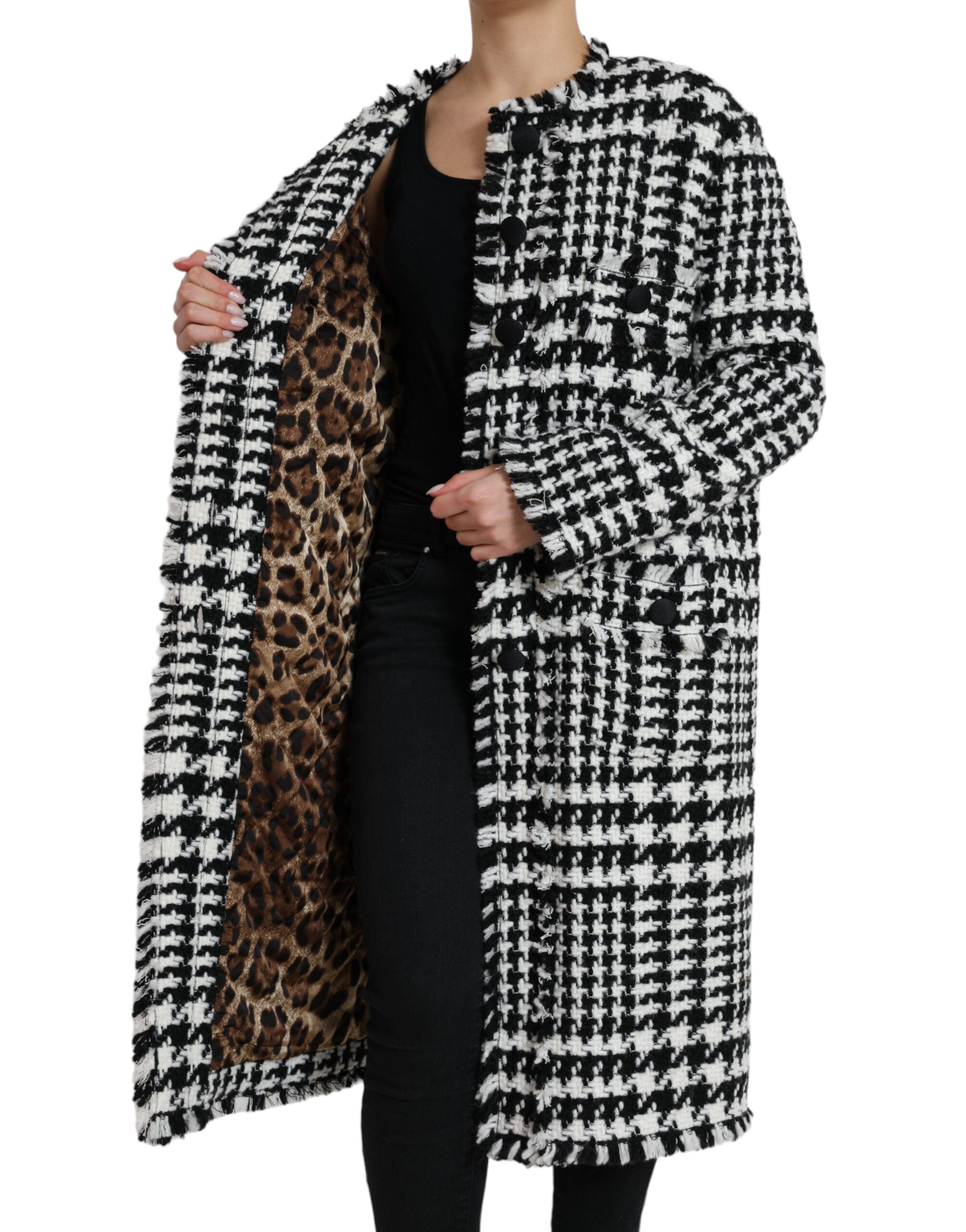 Manteau trench noir et blanc à motif pied-de-poule Dolce & Gabbana, coupe élégante et tissu léger.
