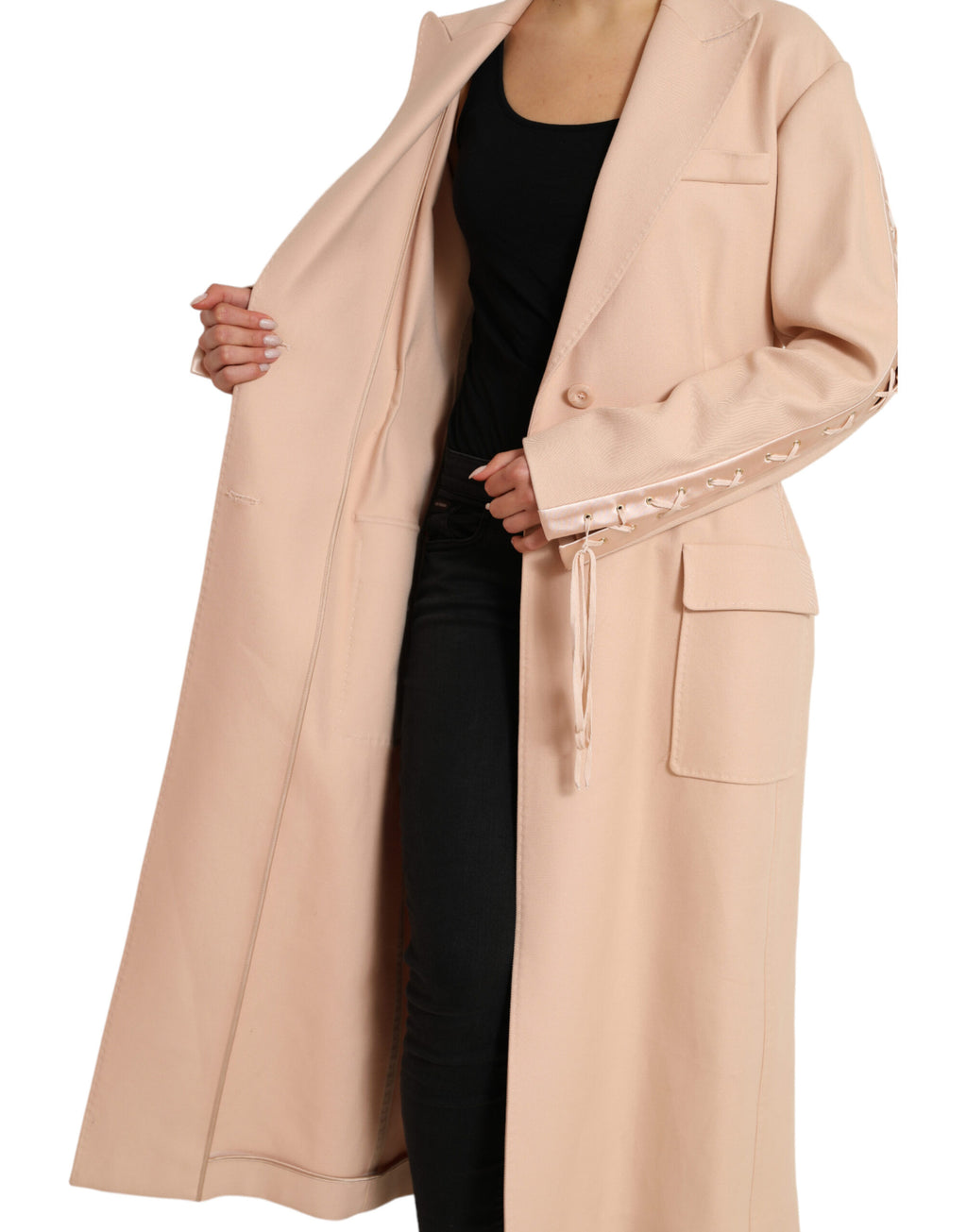 Manteau long beige en coton Dolce & Gabbana à boutonnière simple, vue de face.
