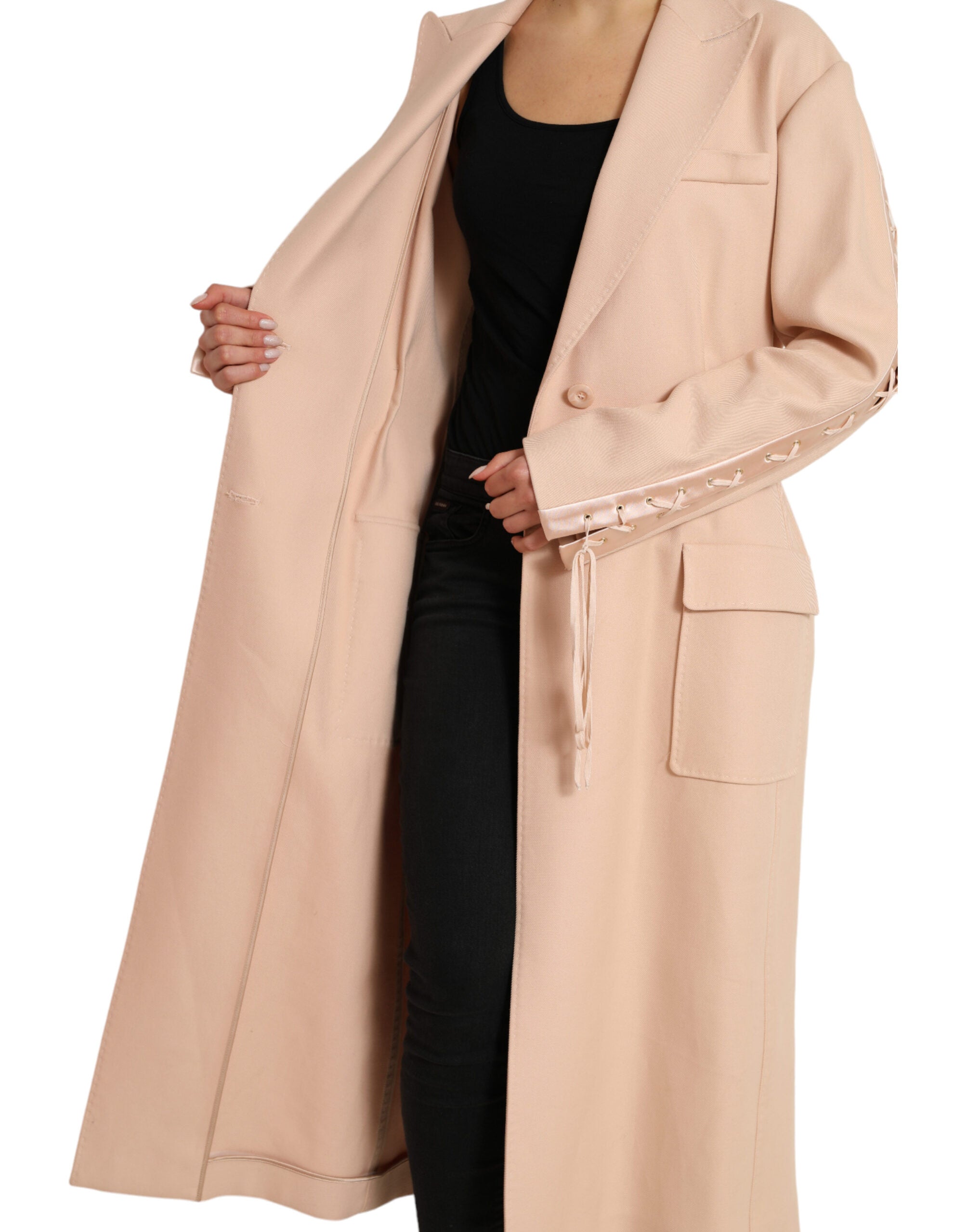 Manteau long beige en coton Dolce & Gabbana à boutonnière simple, vue de face.