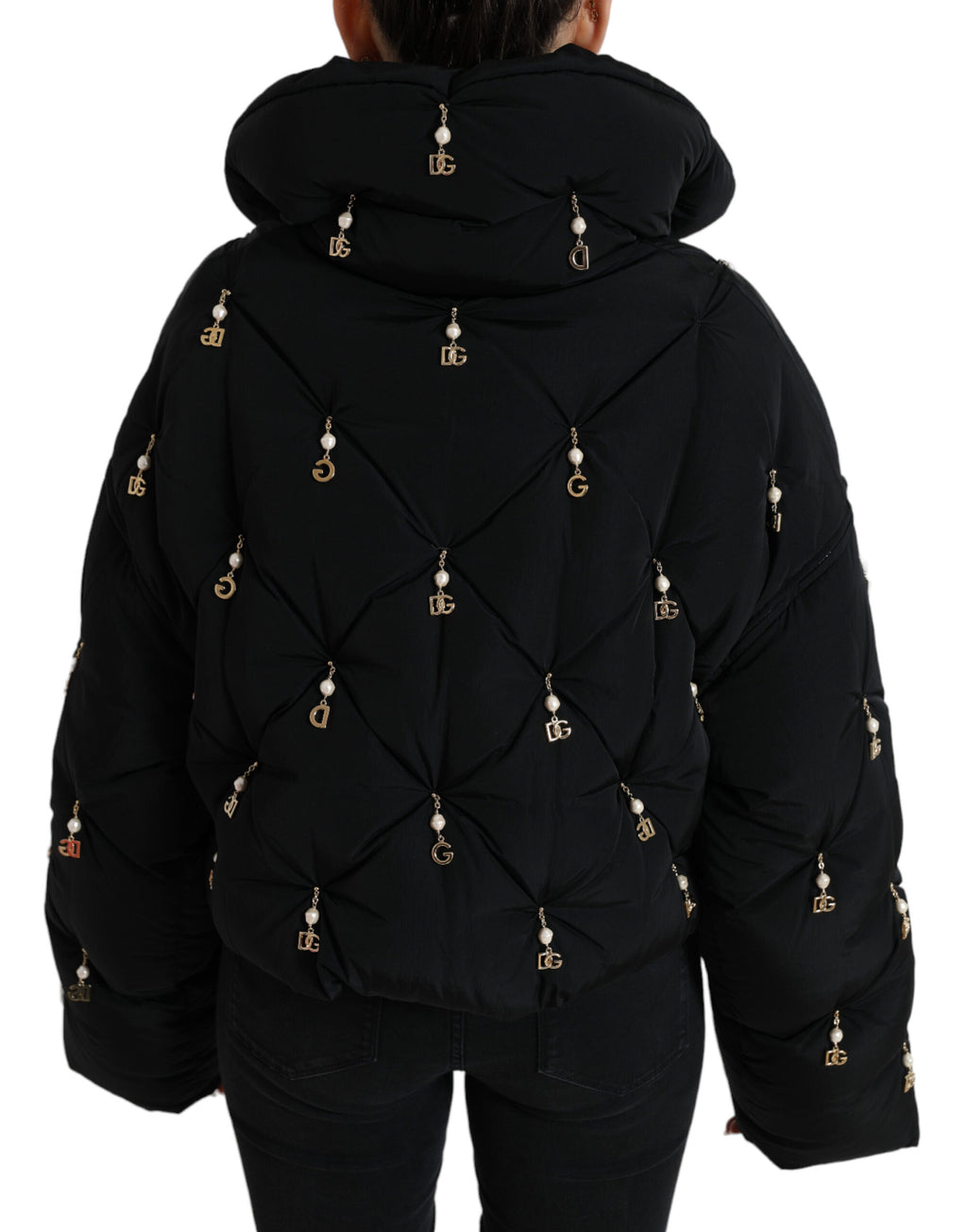 Veste bomber noire Dolce & Gabbana en tissu matelassé avec embellissements, design chic et élégant.