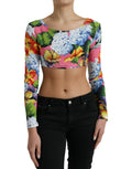 Top court Dolce & Gabbana à manches longues multicolores avec motif floral, coupe courte et style élégant.