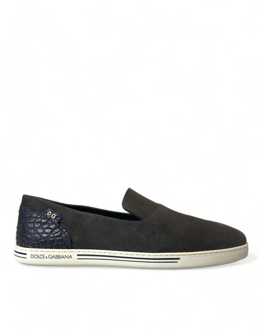 Chaussures mocassins en daim bleu pour homme Dolce & Gabbana avec détails en caïman, semelle en cuir et design élégant.