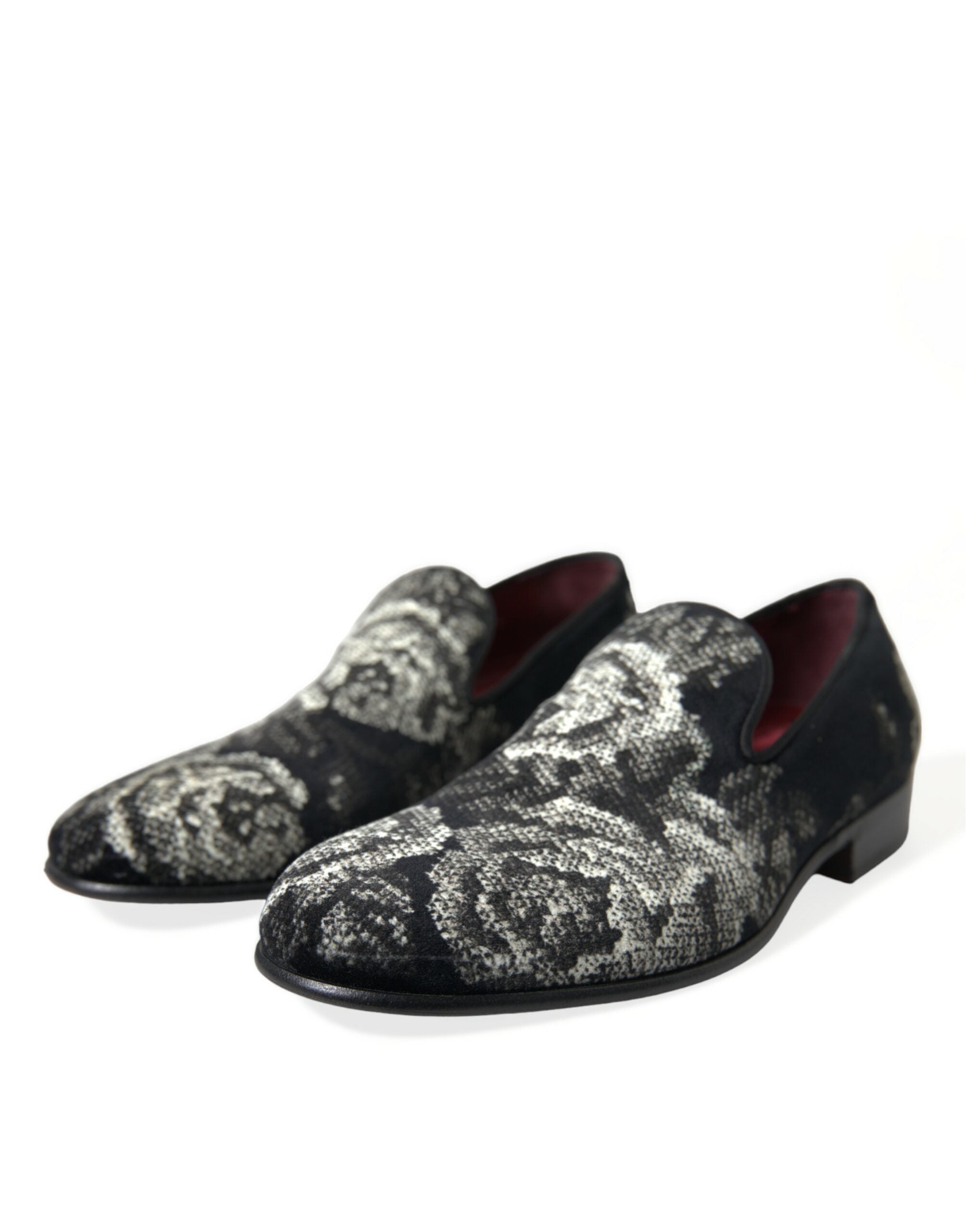 Mules élégantes noires pour homme Dolce & Gabbana avec motif floral, chaussures de ville en cuir noir formelles.