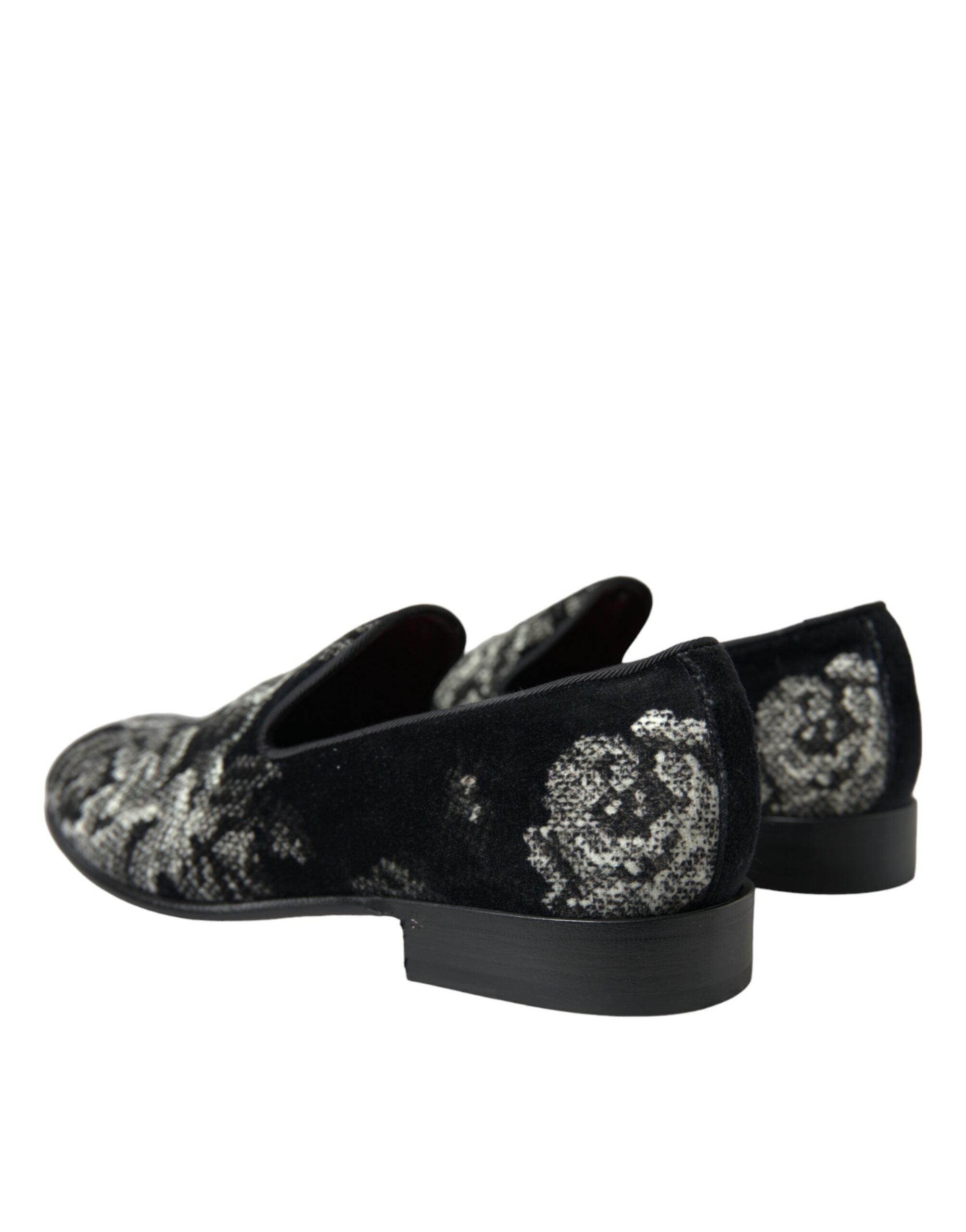Pantoufles hommes Dolce & Gabbana noires avec motif floral, chaussures de ville élégantes et confortables.