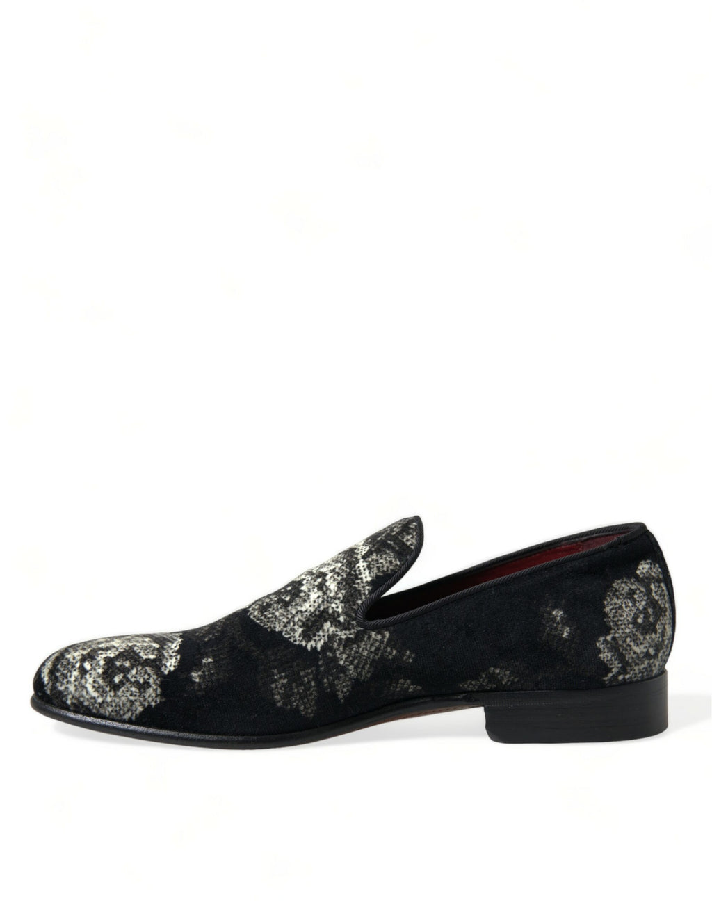 Mules homme Dolce & Gabbana noires avec motif floral, chaussures habillées en cuir, vue de côté.