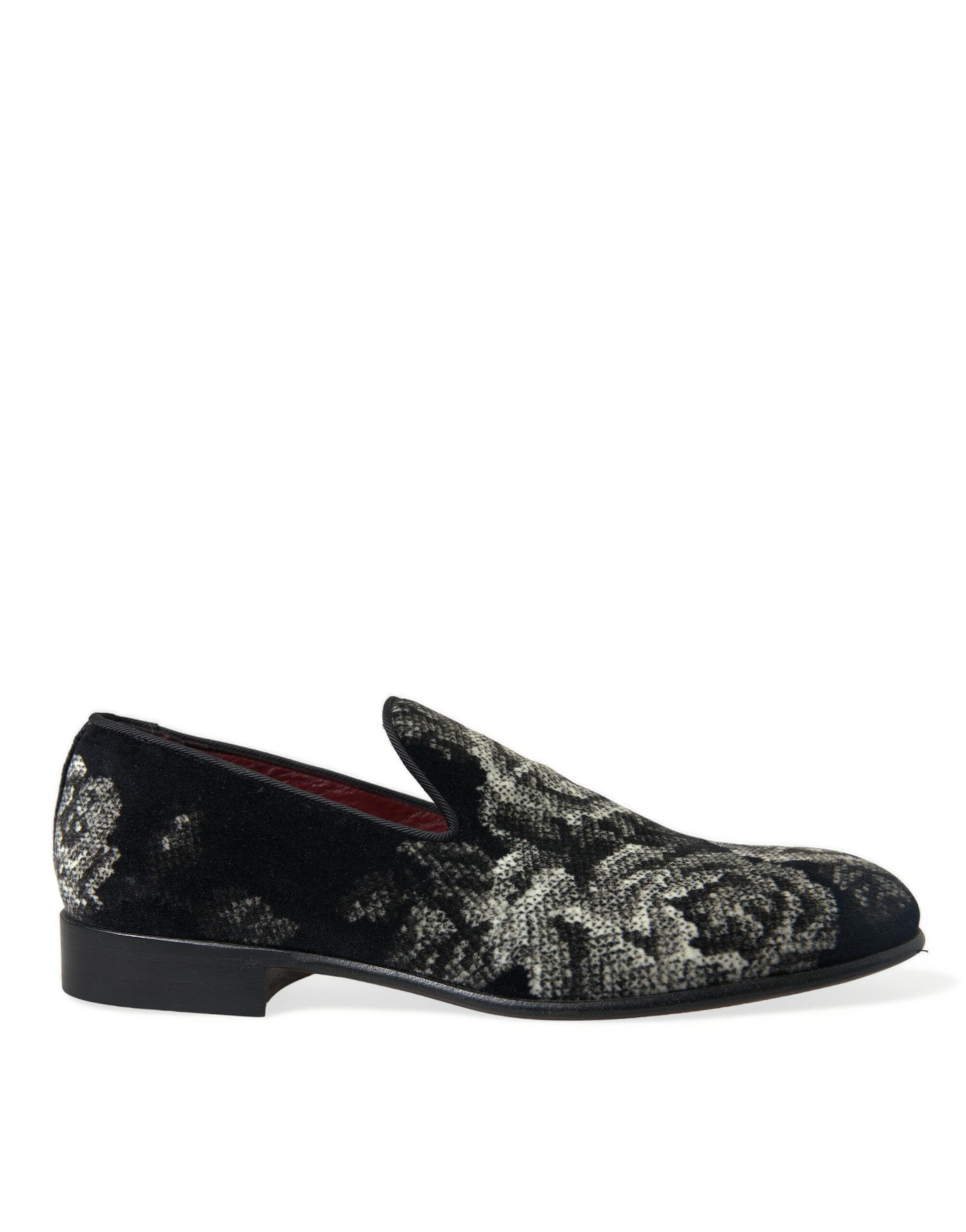 Pantoufles noires Dolce & Gabbana pour hommes avec motifs floraux, chaussures de ville élégantes en cuir.