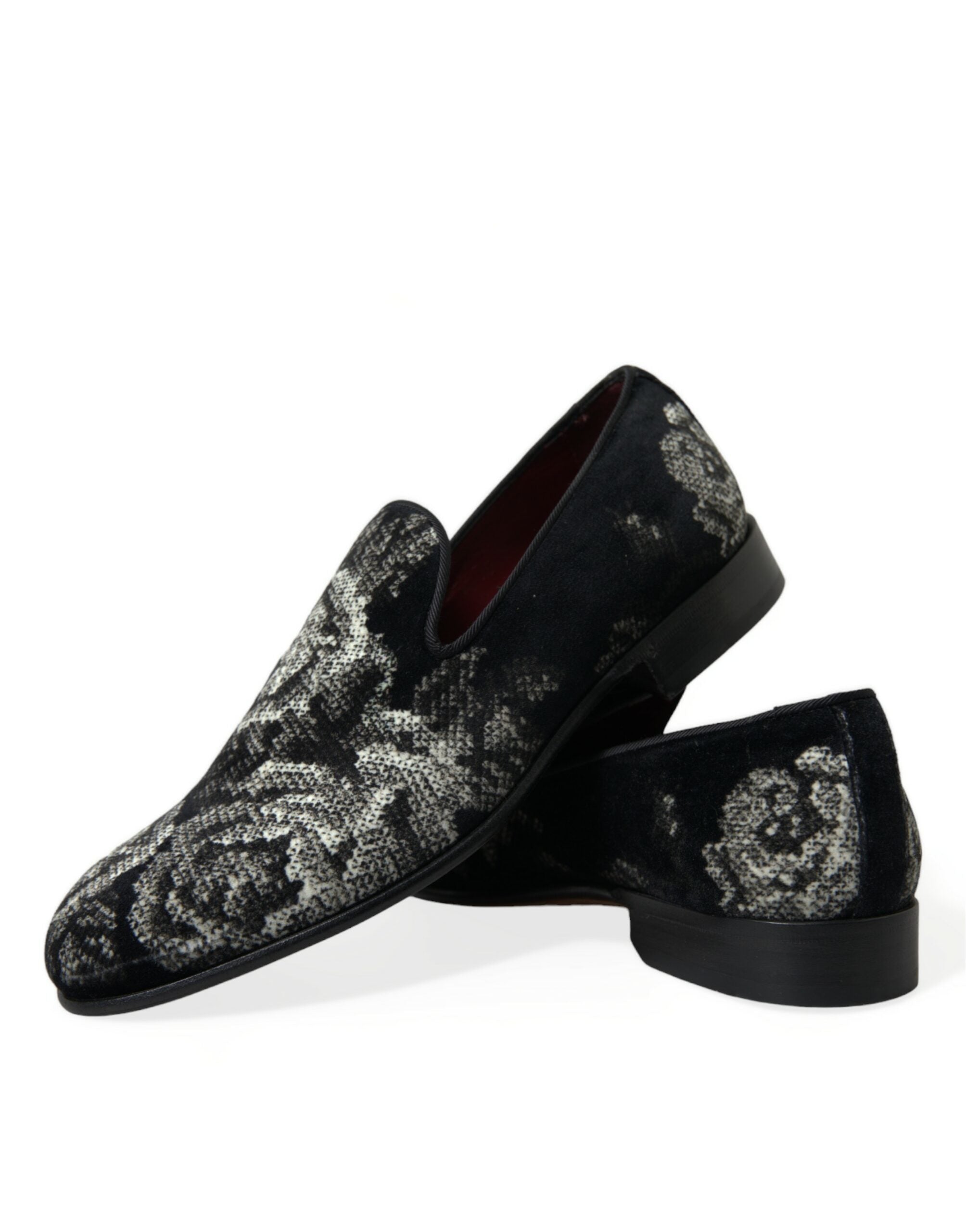 Chaussures Dolce & Gabbana hommes, slippers noirs à motifs floraux, mocassins élégants pour hommes.