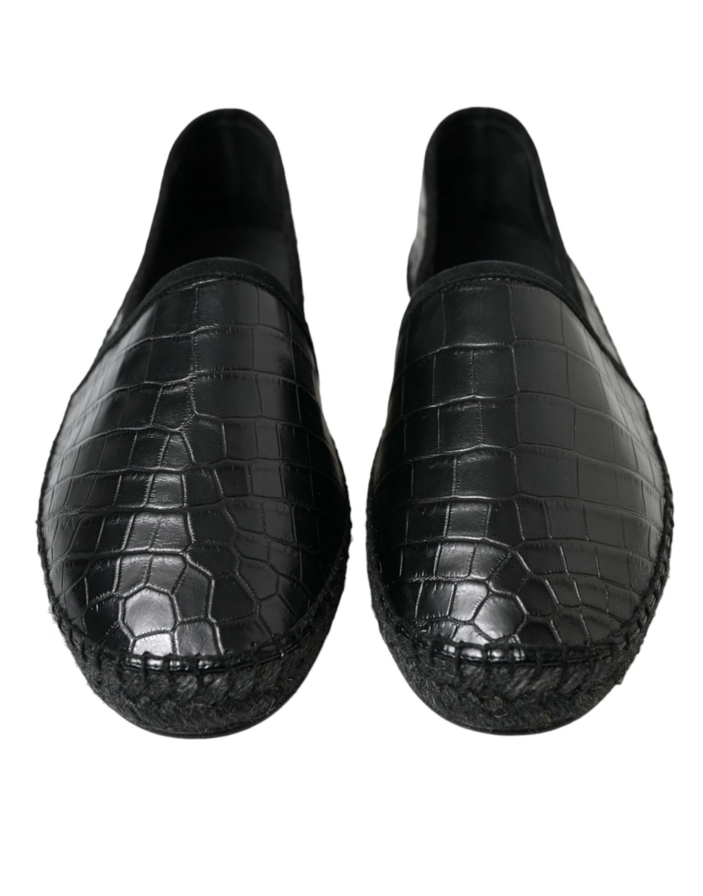 Chaussures espadrilles Dolce & Gabbana en cuir exotique noir, slip-on élégantes et confortables, vues de face.