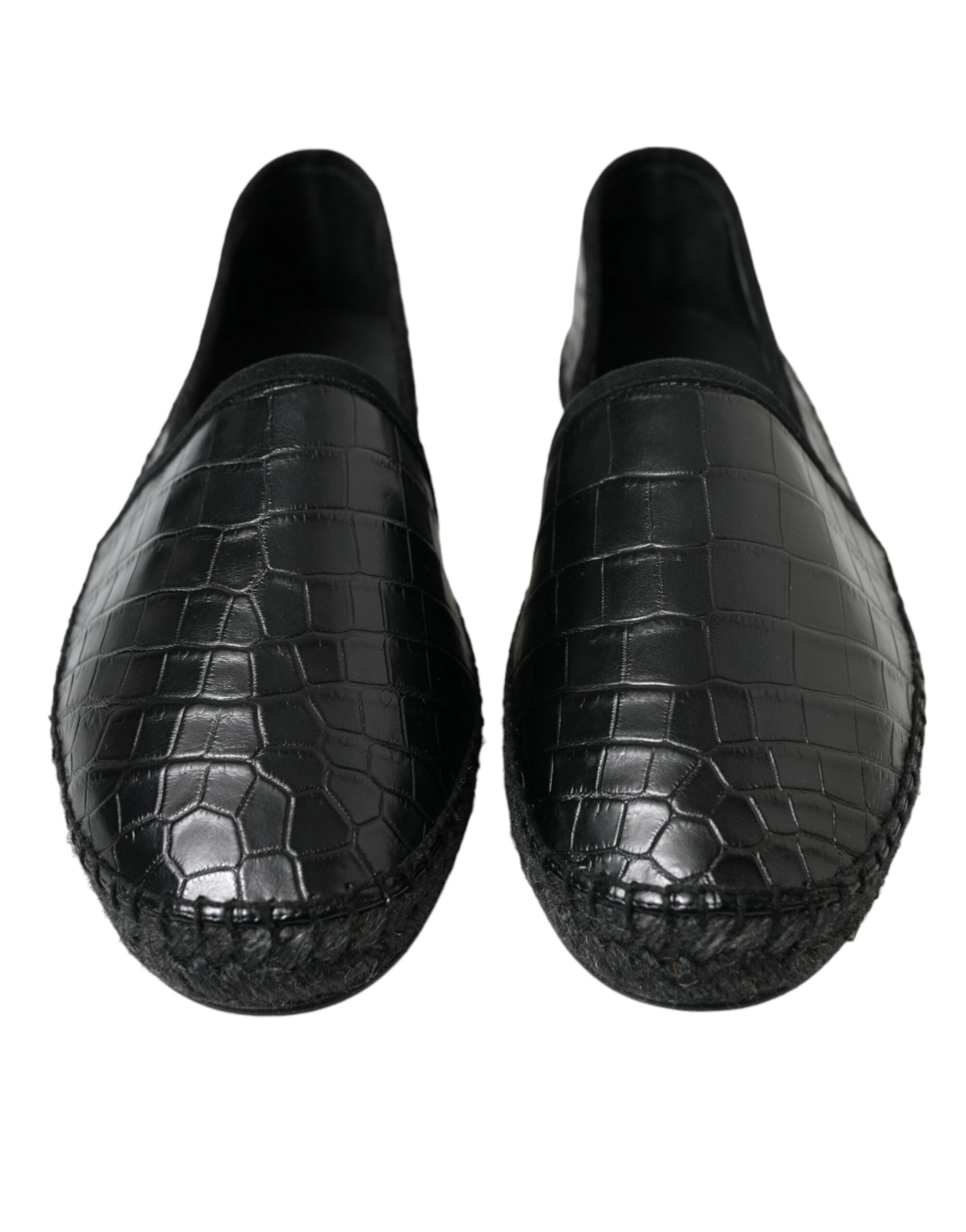 Chaussures espadrilles Dolce & Gabbana en cuir exotique noir, slip-on élégantes et confortables, vues de face.