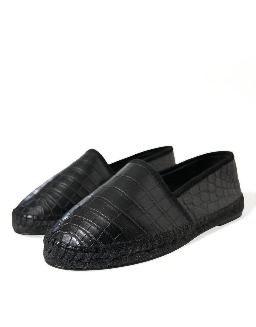 Chaussures espadrilles noires Dolce & Gabbana en cuir exotique, slip-on, confort et style sophistiqué.
