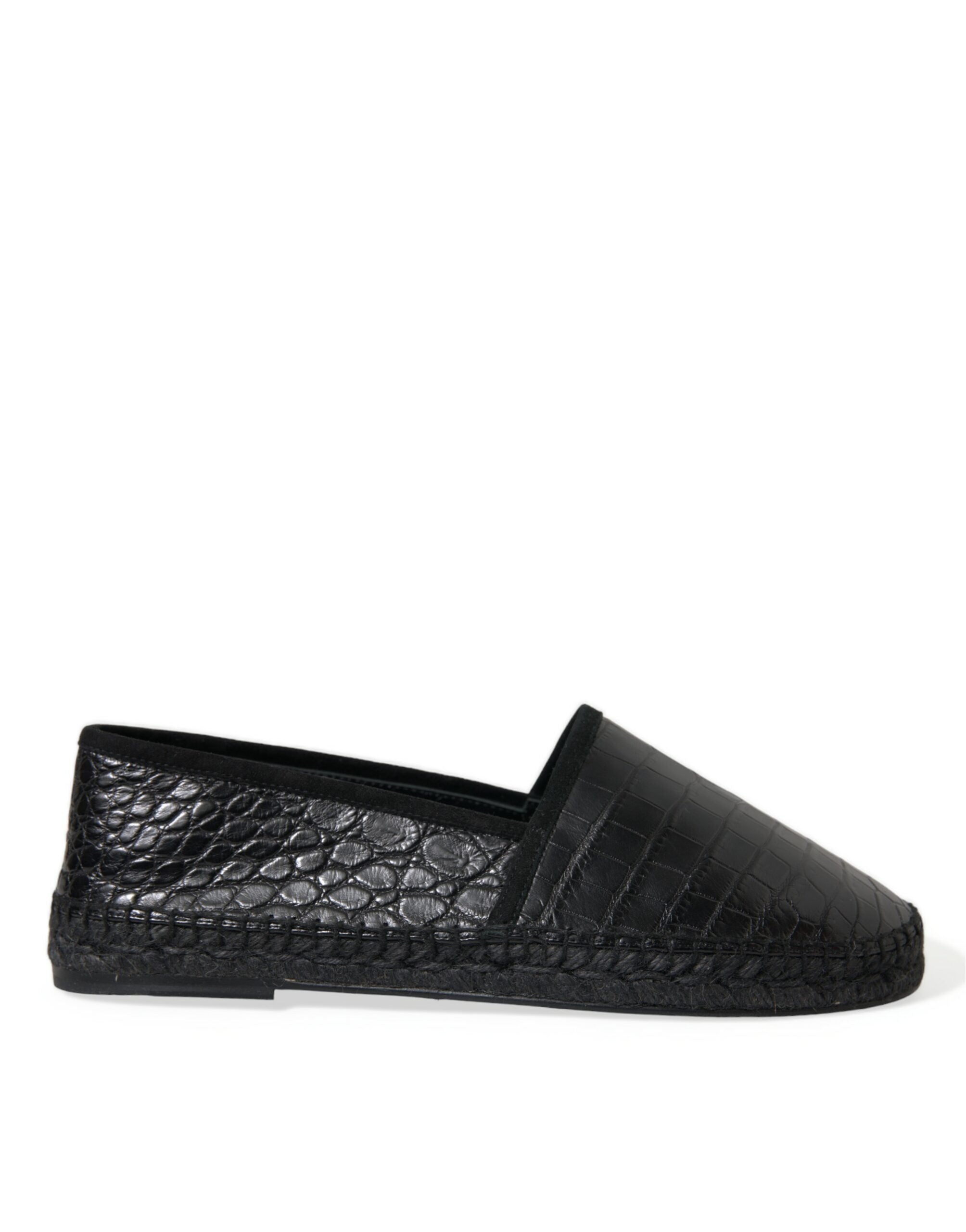 Chaussures espadrilles Dolce & Gabbana en cuir exotique noir, slip-on élégantes pour femmes ou hommes.