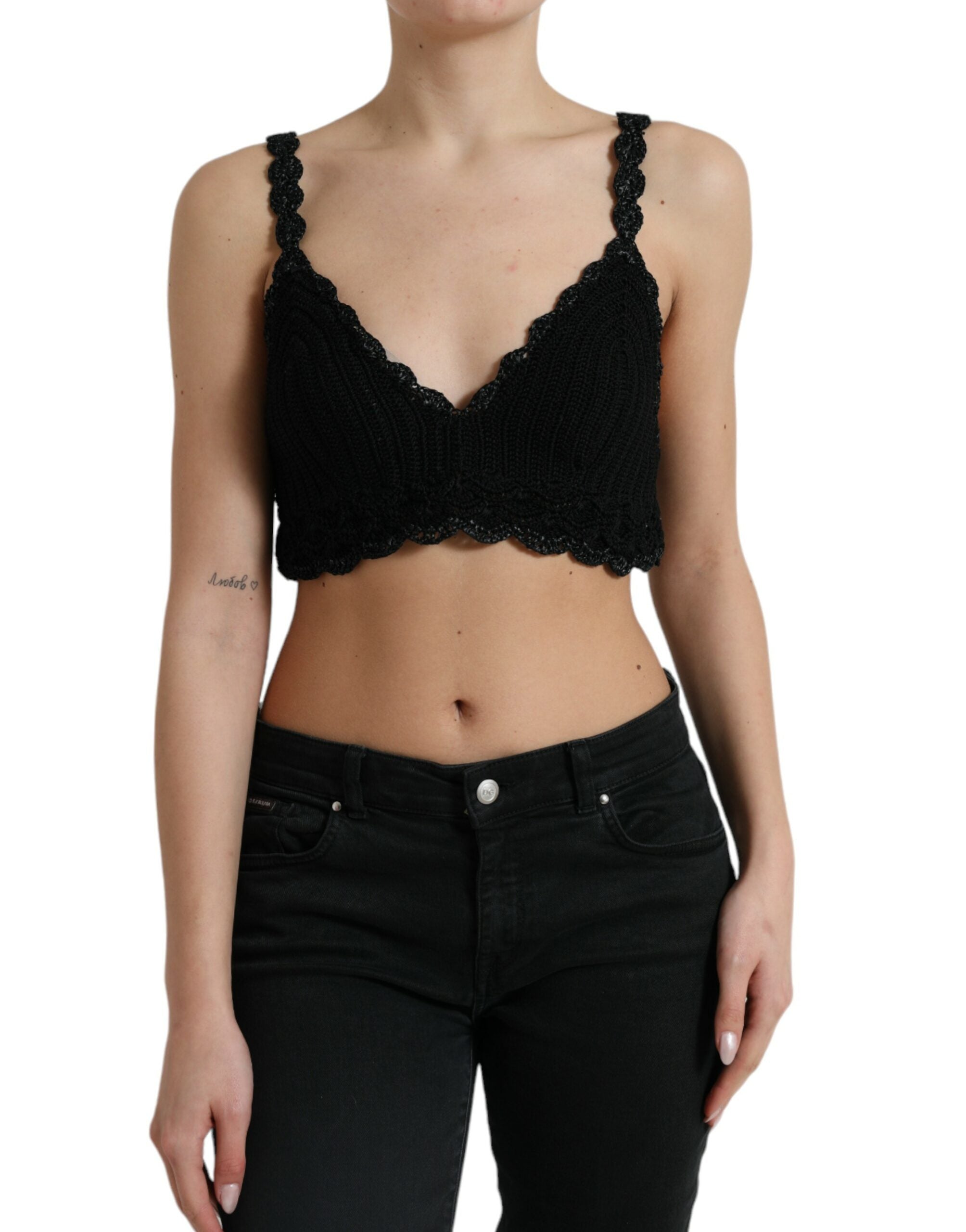 Top court en coton noir Dolce & Gabbana, bustier croppé en crochet, vêtement féminin tendance et élégant.