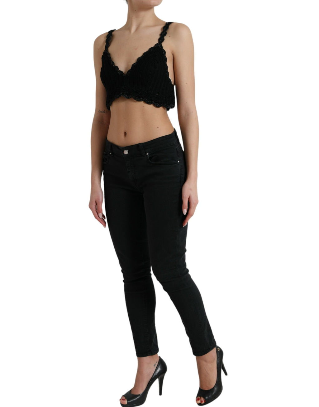 Top crop crochet noir en coton de Dolce & Gabbana, bustier ajusté et tendance, porté seul ou avec une veste.