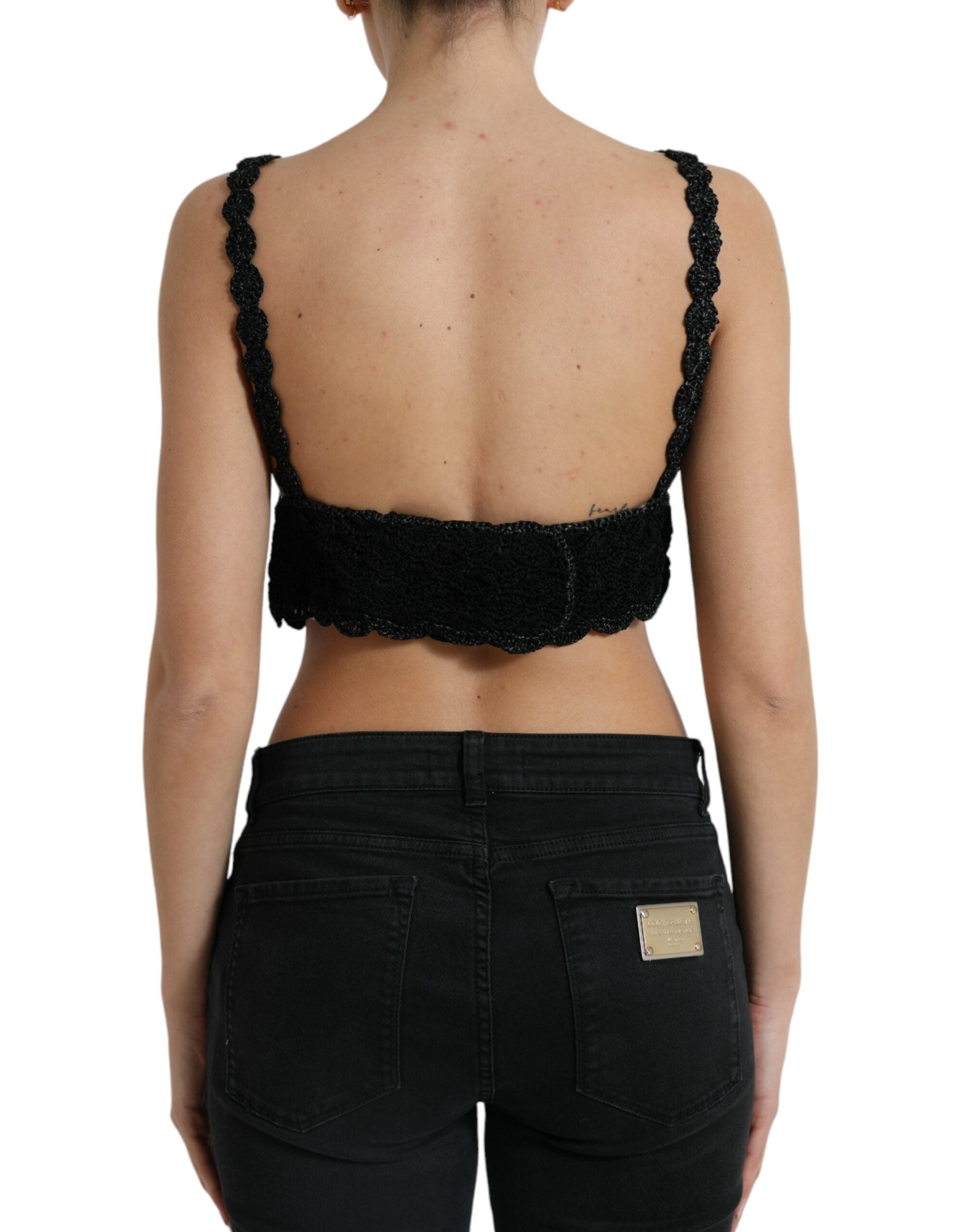 Top court en coton noir Dolce & Gabbana, bustier croppé en crochet, vêtement élégant et tendance pour femme.