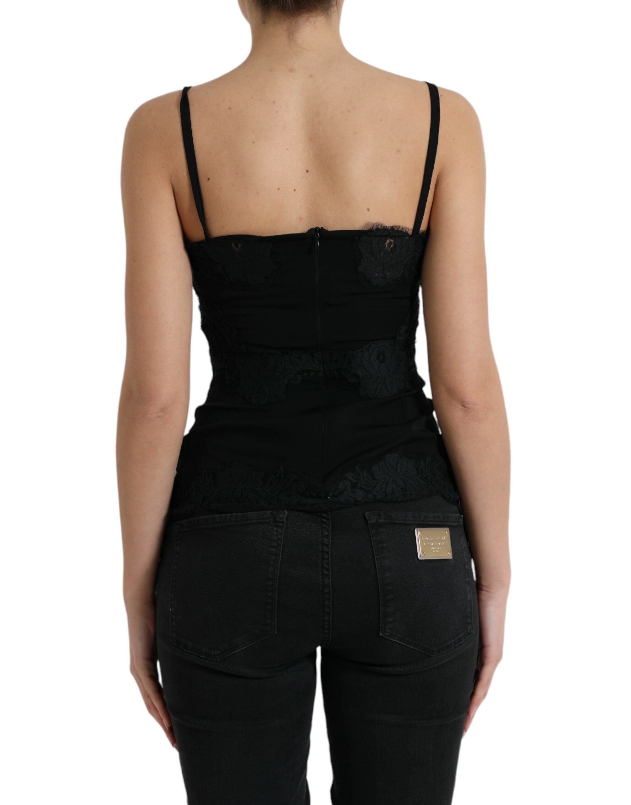 Débardeur sans manches en soie stretch noire Dolce & Gabbana avec dentelle, élégant et ajusté, visible sur fond neutre.