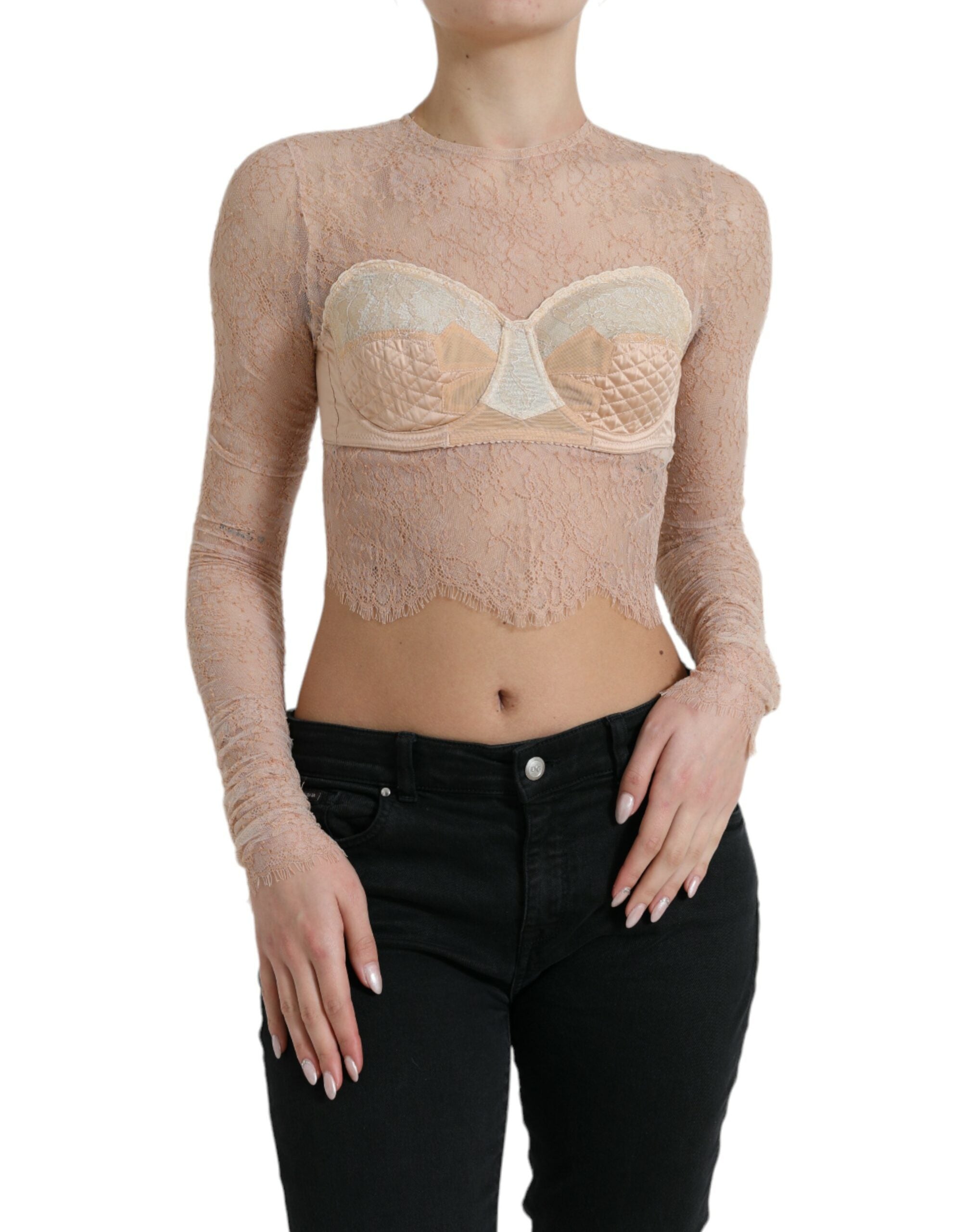Bustier crop top en nylon beige avec dentelle florale Dolce & Gabbana, mode élégante et raffinée.