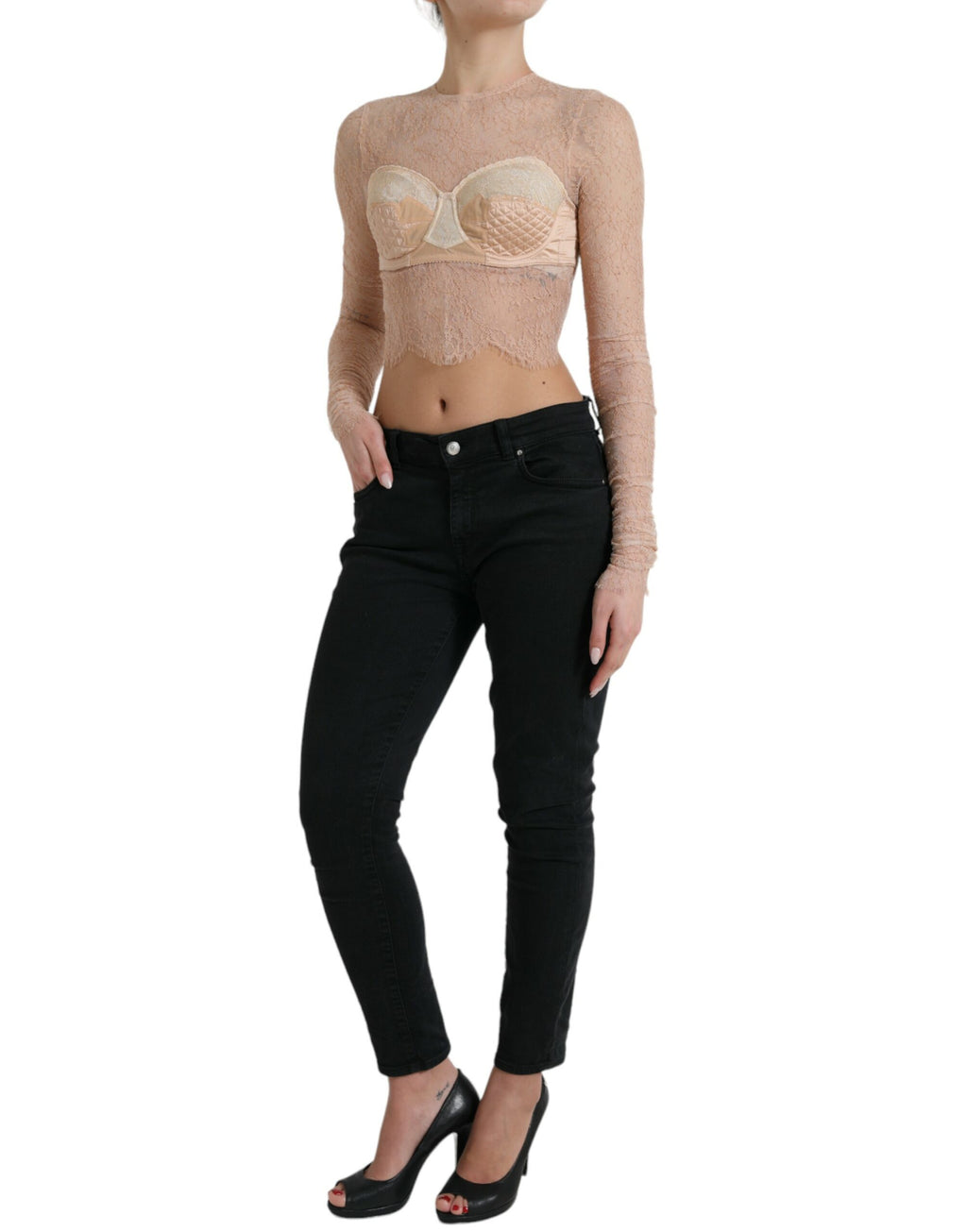 Bustier court en nylon beige Dolce & Gabbana avec dentelle florale, style élégant et féminin.