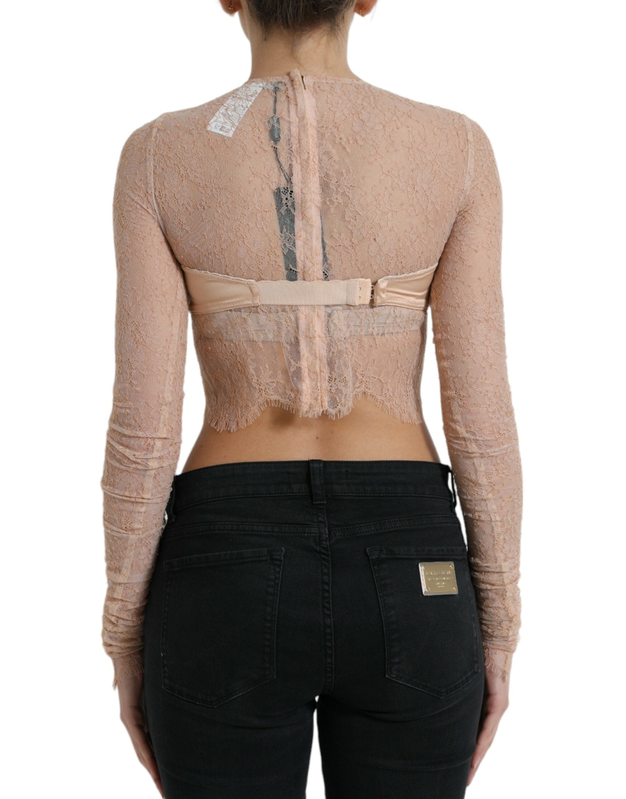 Bustier court en nylon beige avec dentelle florale de Dolce & Gabbana, élégant haut crop top floral et sophistiqué.