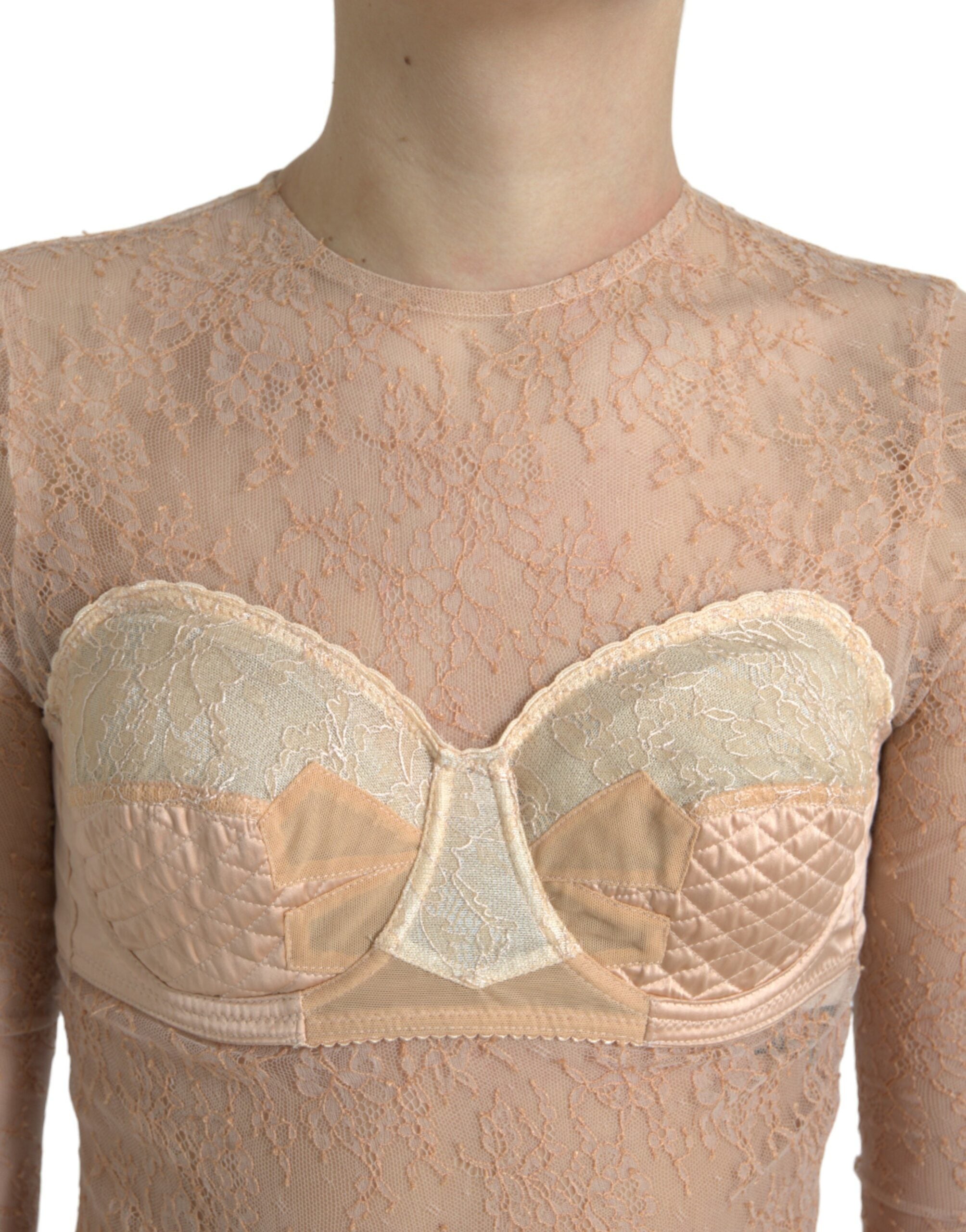 Bustier court en nylon beige Dolce & Gabbana avec broderie florale en dentelle, style élégant et féminin.