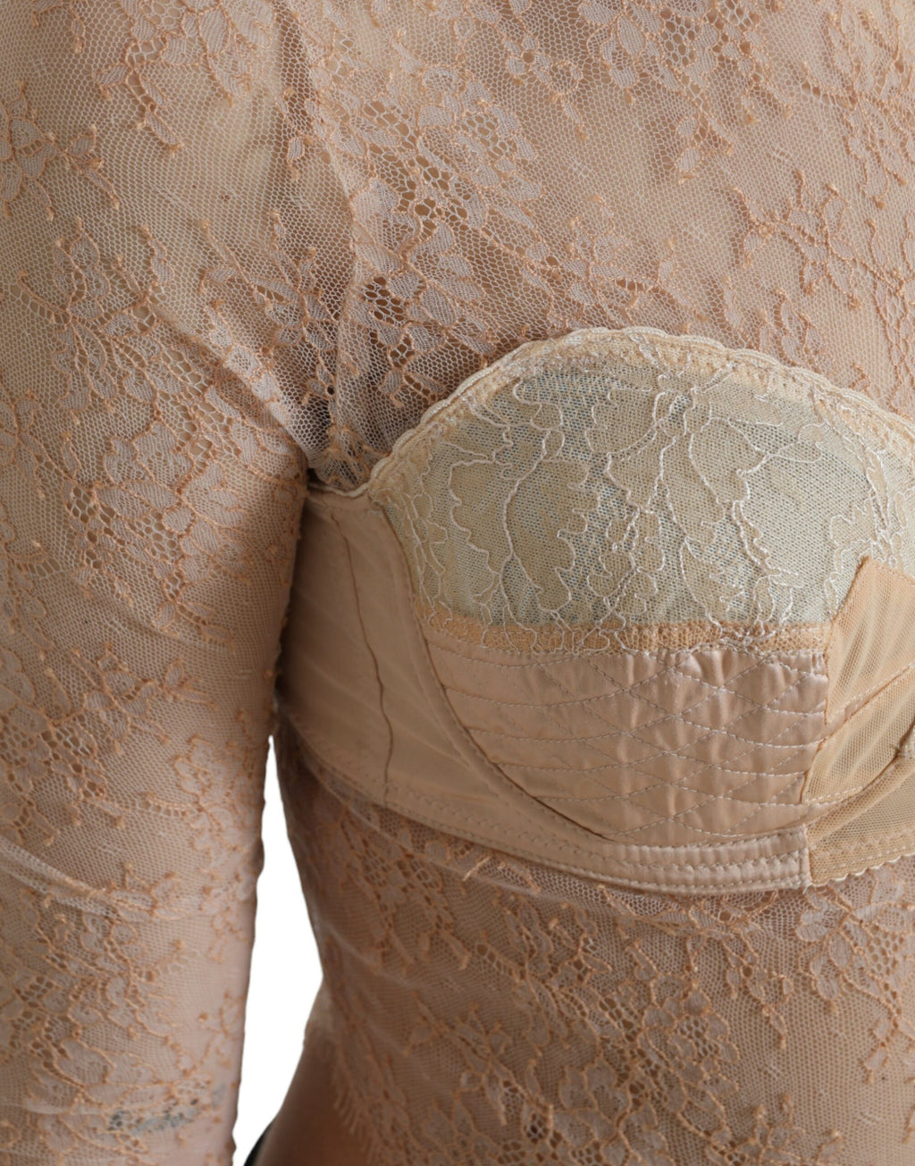 Bustier crop top en nylon beige avec broderie florale en dentelle de Dolce & Gabbana, vue de face.