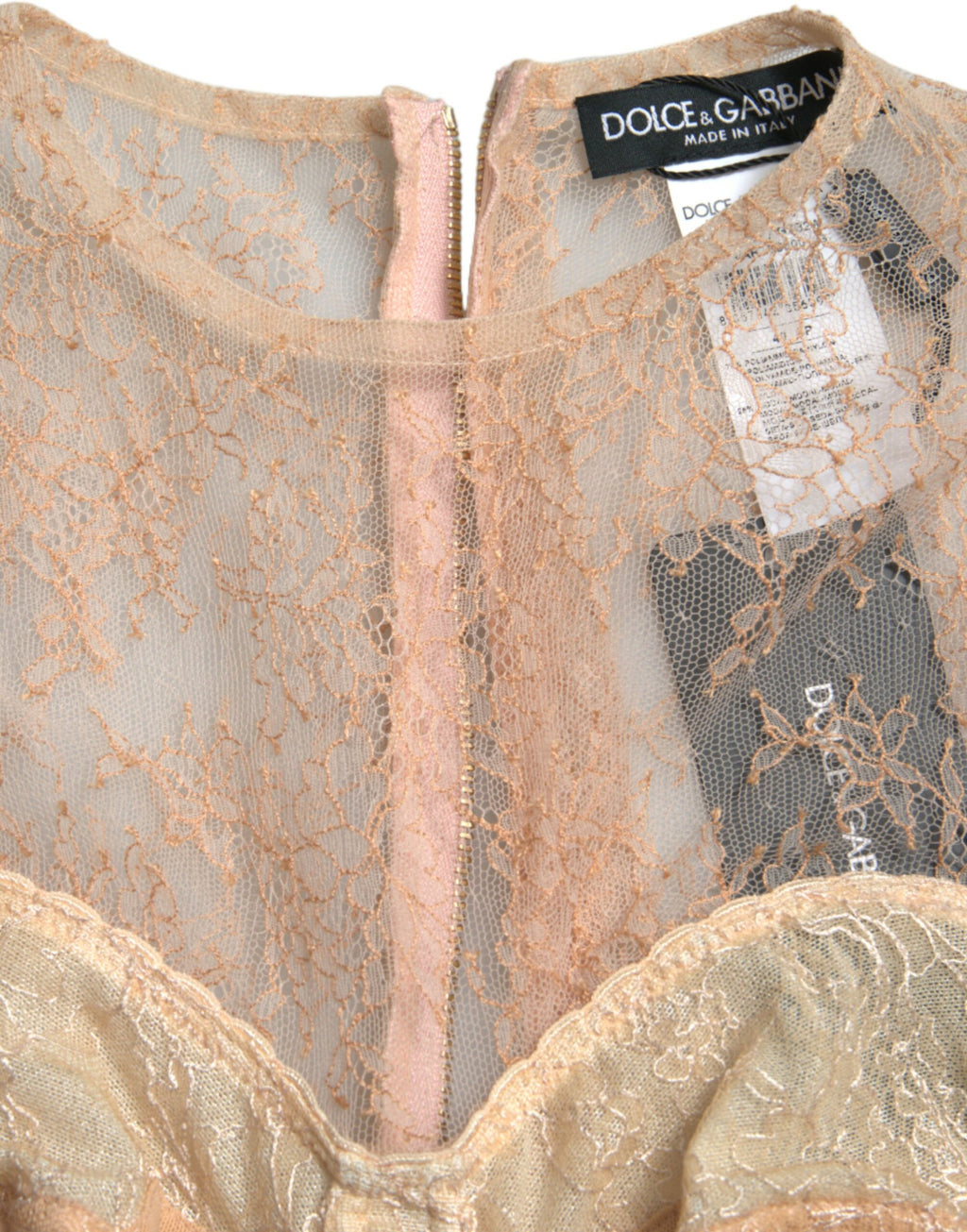 Bustier court en nylon beige avec dentelle florale de Dolce & Gabbana, ajusté et élégant pour un look sophistiqué.