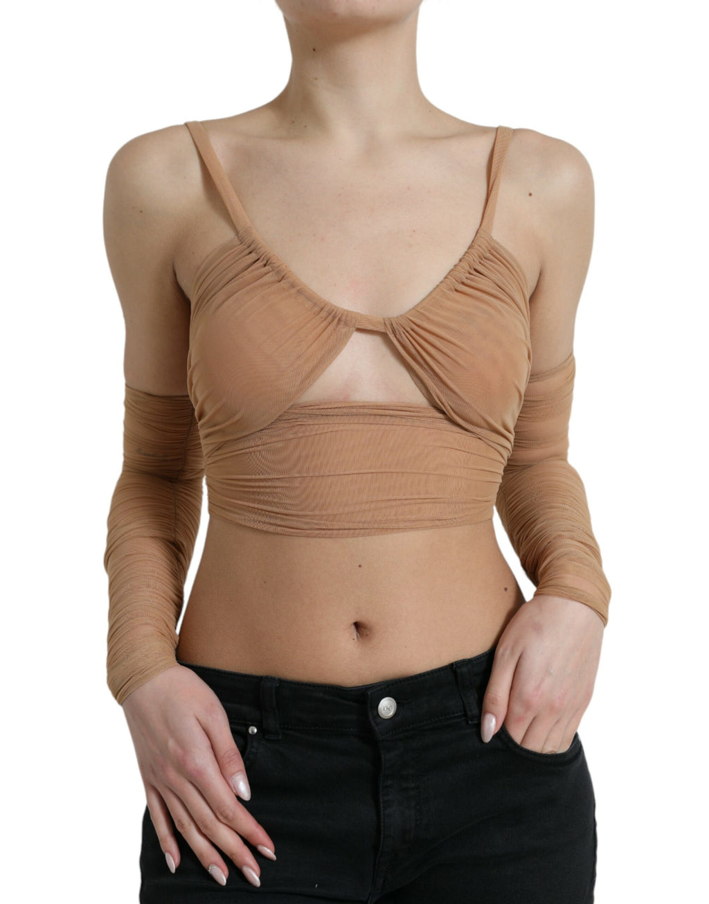 Top court en nylon stretch brun de Dolce & Gabbana avec épaules ouvertes et coupe courte, mode élégante et décontractée.