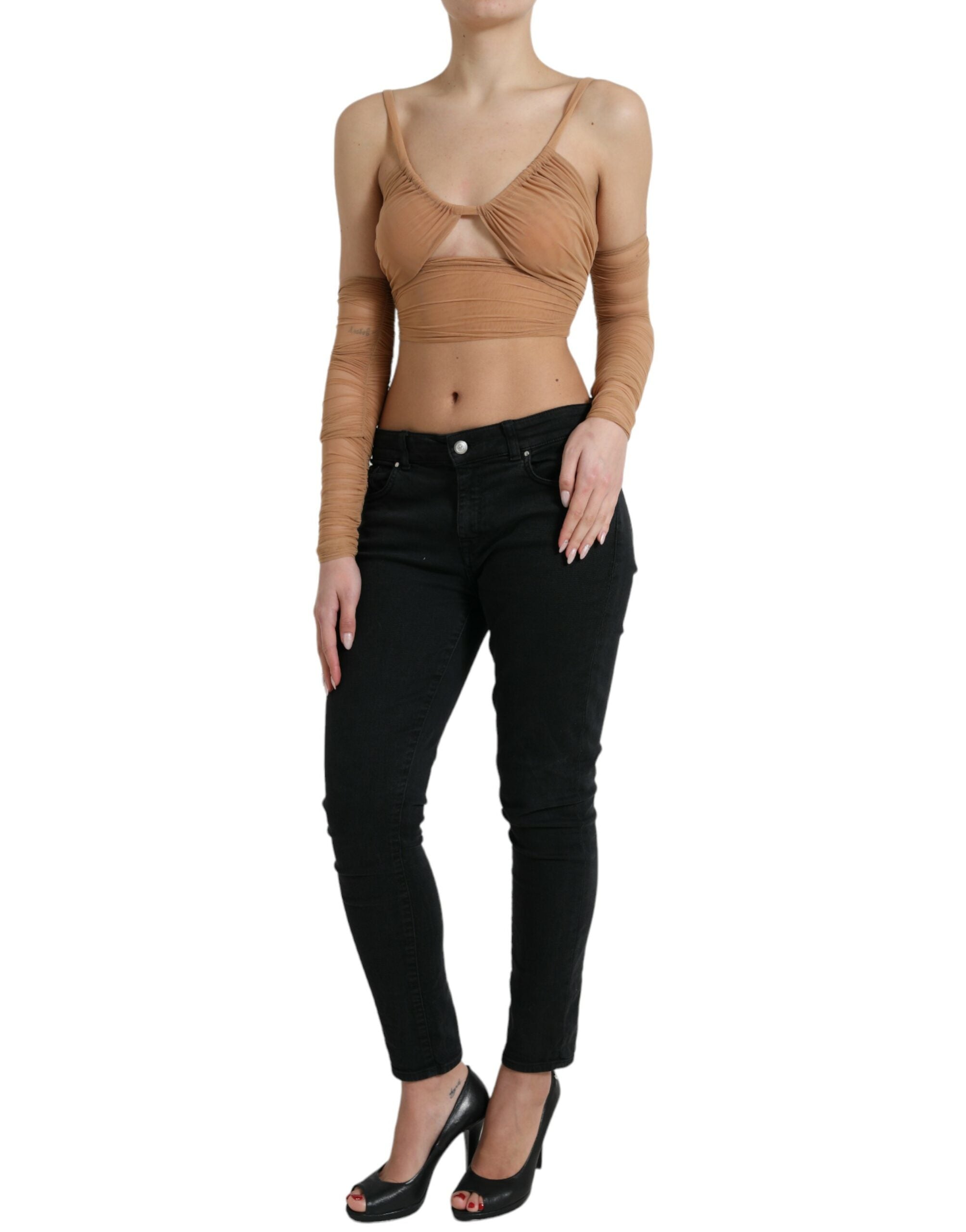 Top court en nylon stretch marron Dolce & Gabbana avec épaules dénudées et coupe courte, élégant et tendance.