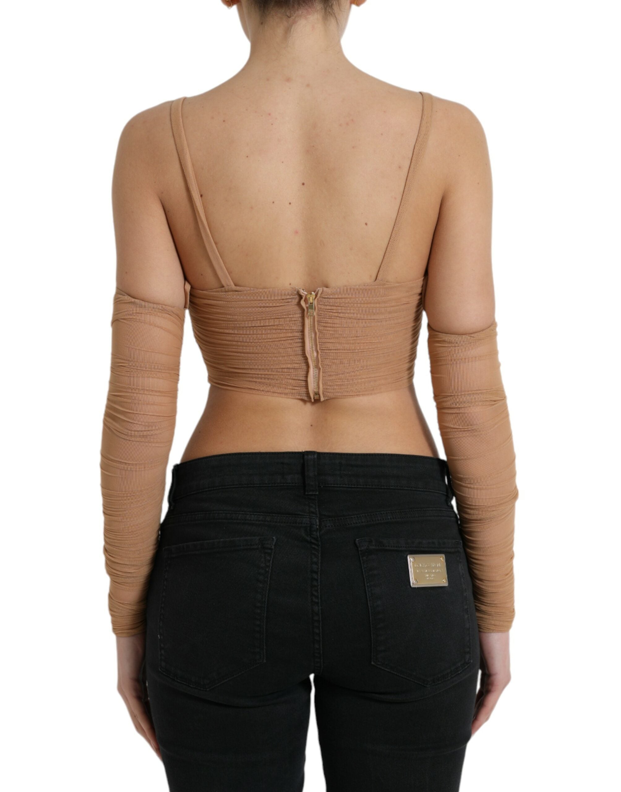 Top court en nylon marron Dolce & Gabbana avec épaules dégagées et coupe courte, élégant et tendance.
