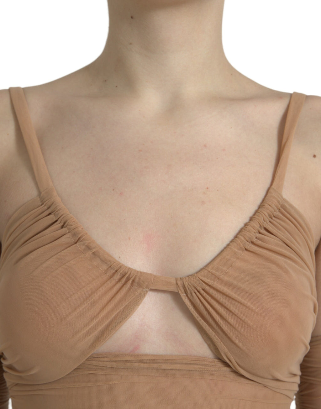 Top court en nylon stretch marron Dolce & Gabbana à épaules ouvertes et coupe courte, mode élégante et tendance.