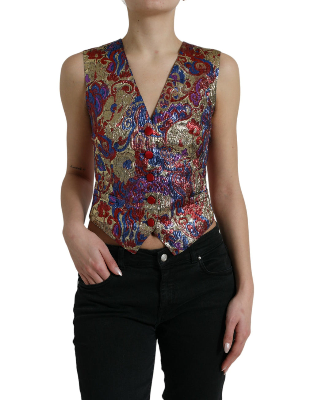 Gilet sans manches Dolce & Gabbana en jacquard multicolore avec boutons, style élégant et sophistiqué.
