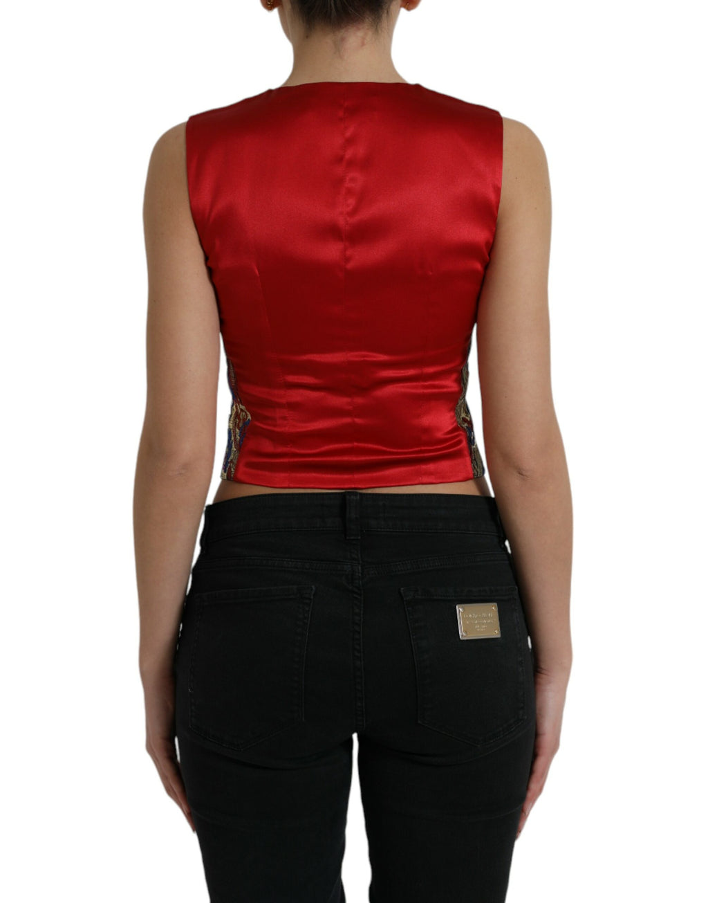 Gilet sans manches Dolce & Gabbana en jacquard multicolore avec boutons, veste élégante pour femme.