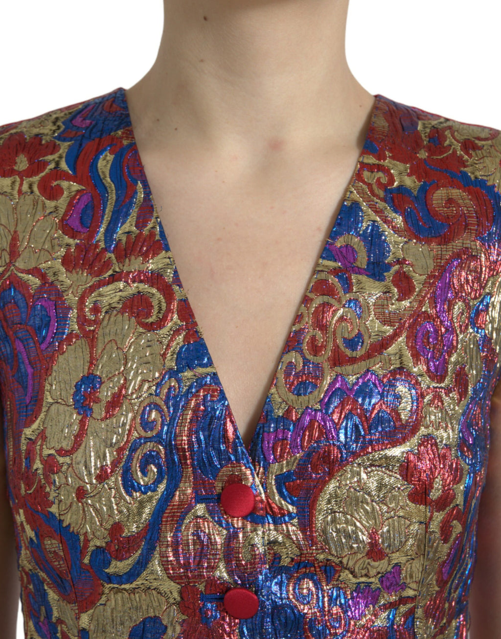 Gilet sans manches Dolce & Gabbana en jacquard multicolore avec boutons, veste élégante pour femmes.