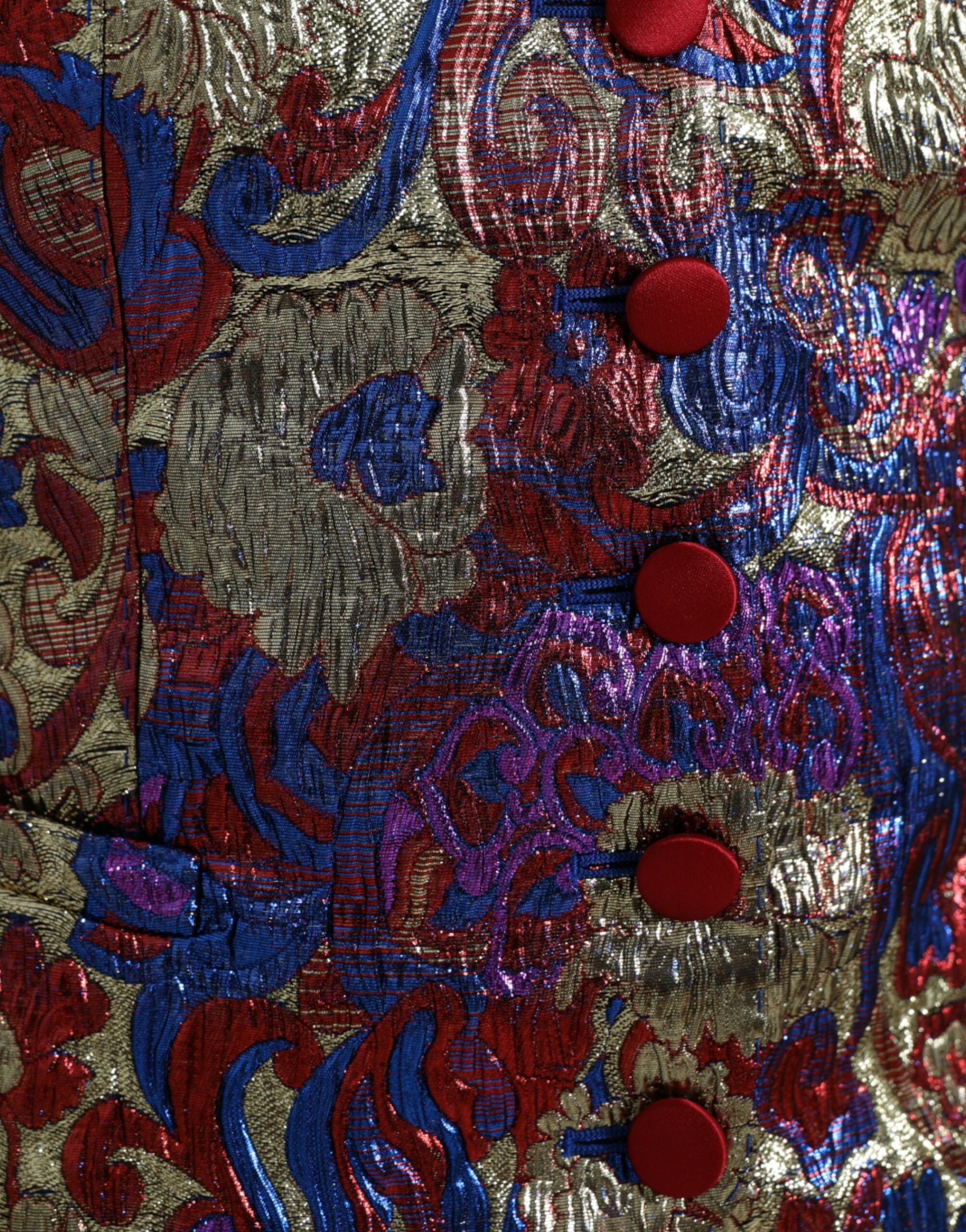 Gilet Dolce & Gabbana à jacquard multicolore avec boutons, taille ajustée, tissu élégant et design sophistiqué.