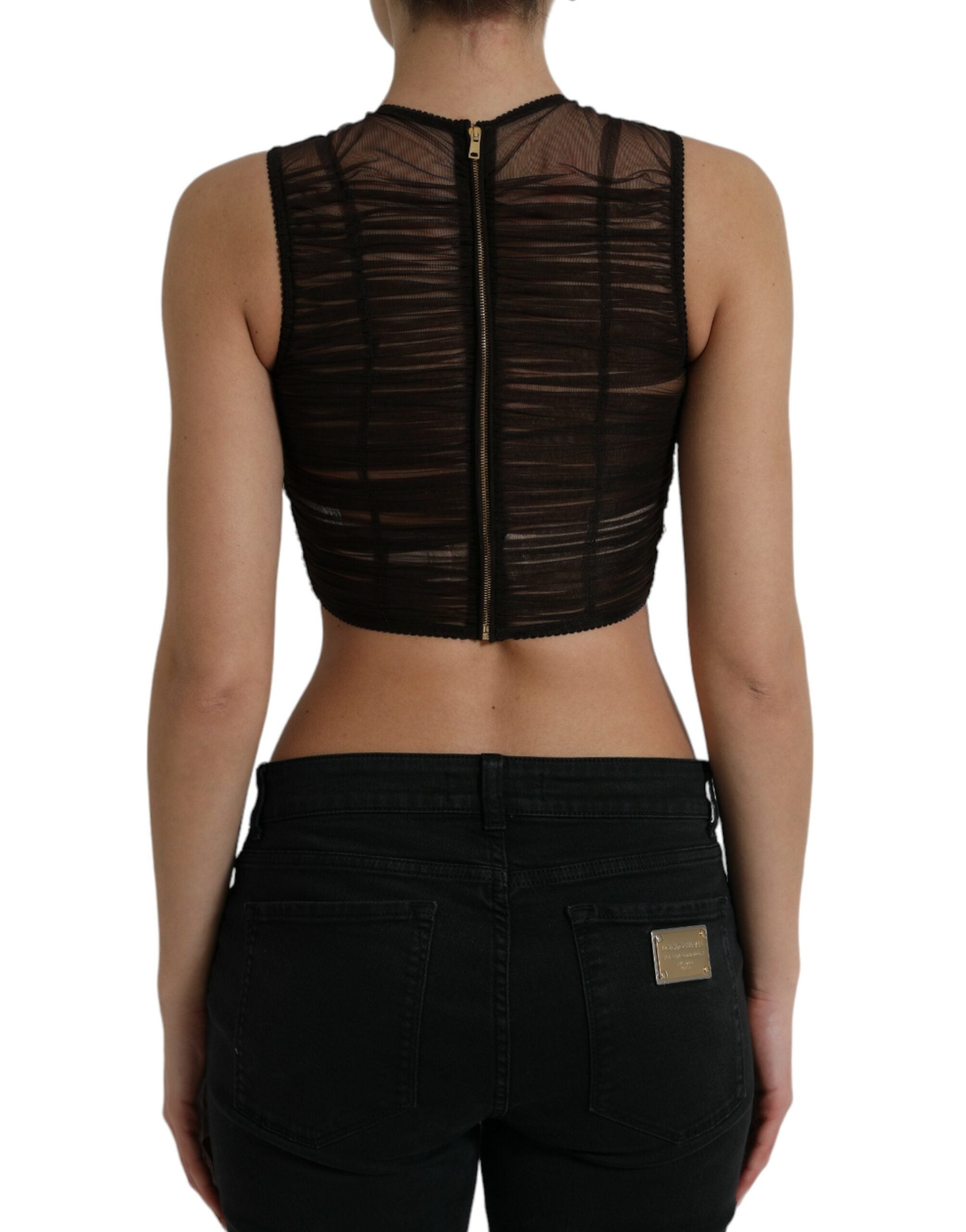 Top court en nylon stretch marron Dolce & Gabbana avec embellissements, coupe courte et détails élégants.