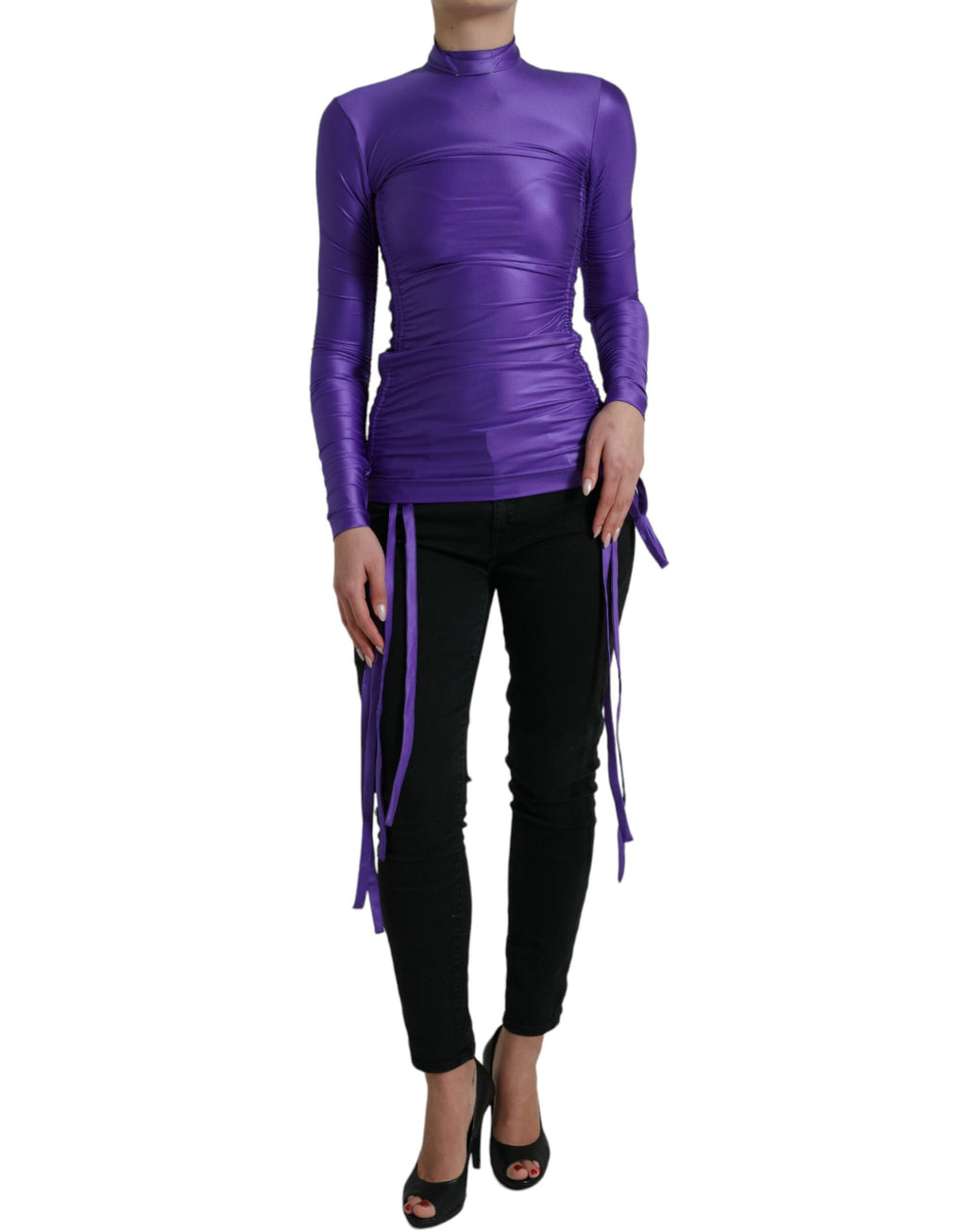 Haut en nylon stretch violet à manches longues Dolce & Gabbana, coupe slim, vue de face.