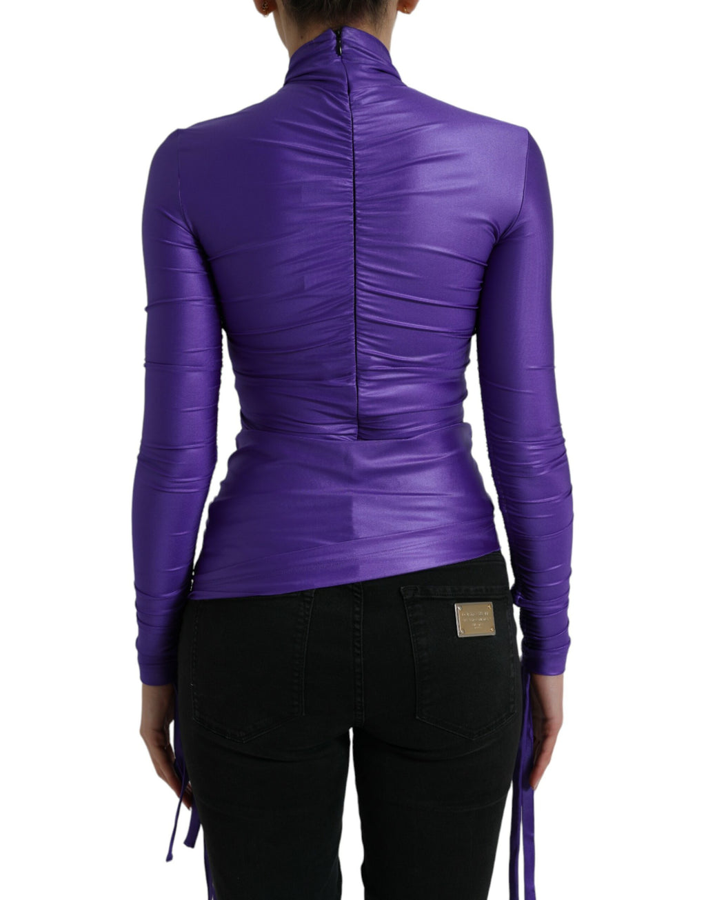 Top Dolce & Gabbana en nylon stretch violet à manches longues slim, design élégant et ajusté.