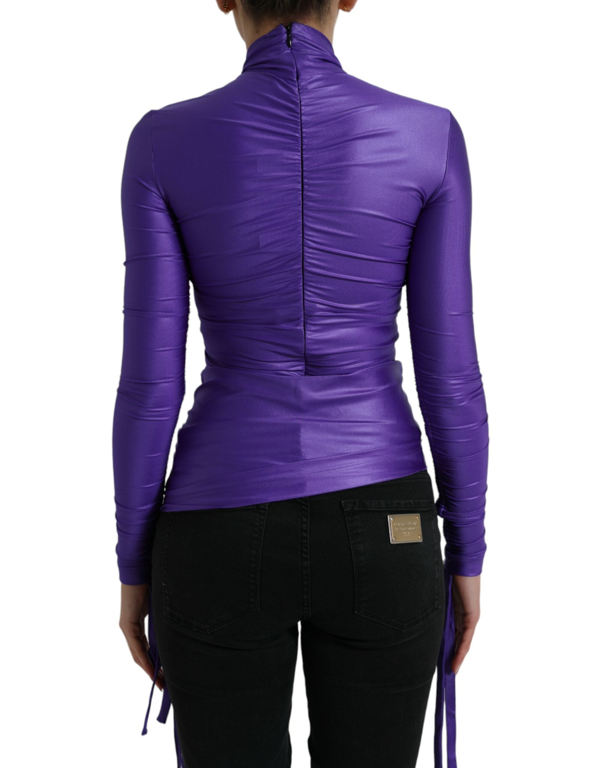 Top Dolce & Gabbana en nylon stretch violet à manches longues slim, design élégant et ajusté.
