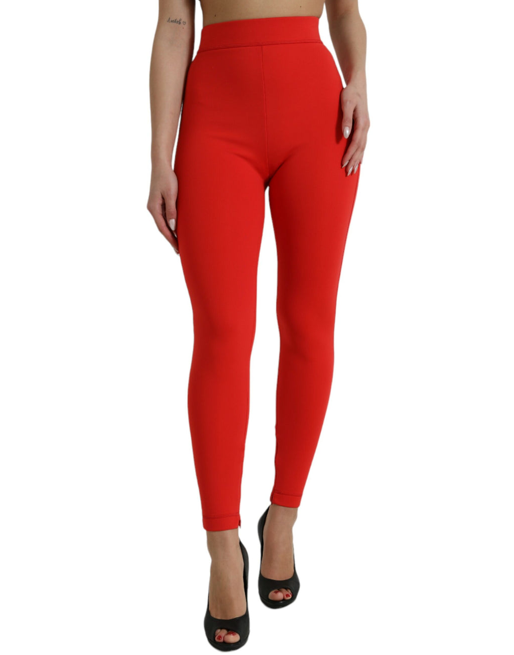 Leggings slim en nylon rouge de Dolce & Gabbana, style stretch et ajusté, vue de face.