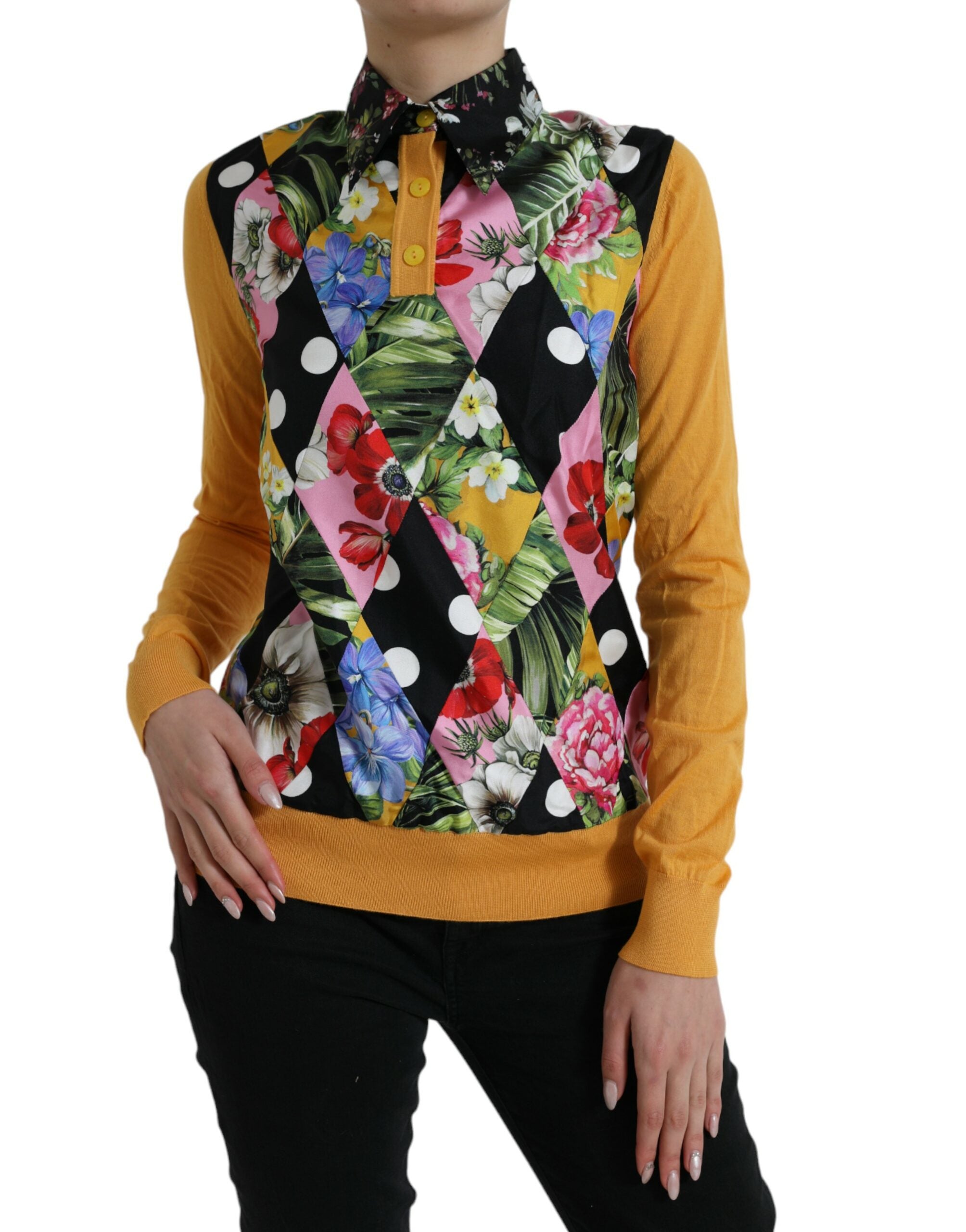 Pull en cachemire Dolce & Gabbana à patchworks multicolores, Henley, doux et élégant, avec motifs variés.