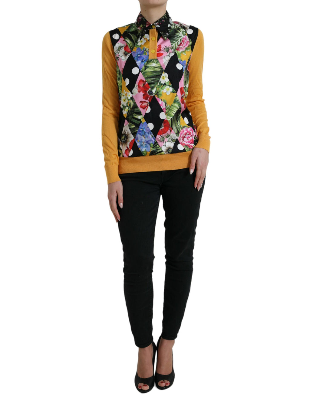 Pull henley Dolce & Gabbana en cachemire multicolore avec patchwork, détails élégants et style sophistiqué.