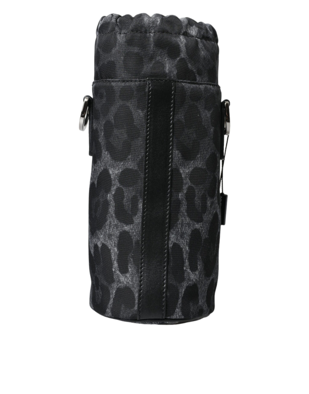 Sac à main Dolce & Gabbana noir avec motif léopard rond et élégant, design slim pour bouteille ou accessoires.