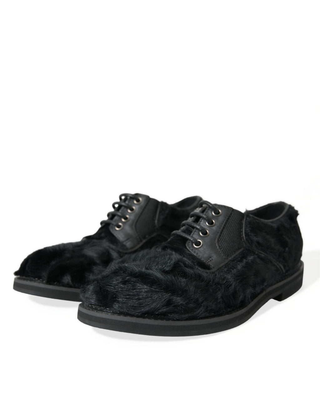 Chaussures Derby en cuir noir avec fourrure et laçage de Dolce & Gabbana, chaussures élégantes pour homme.