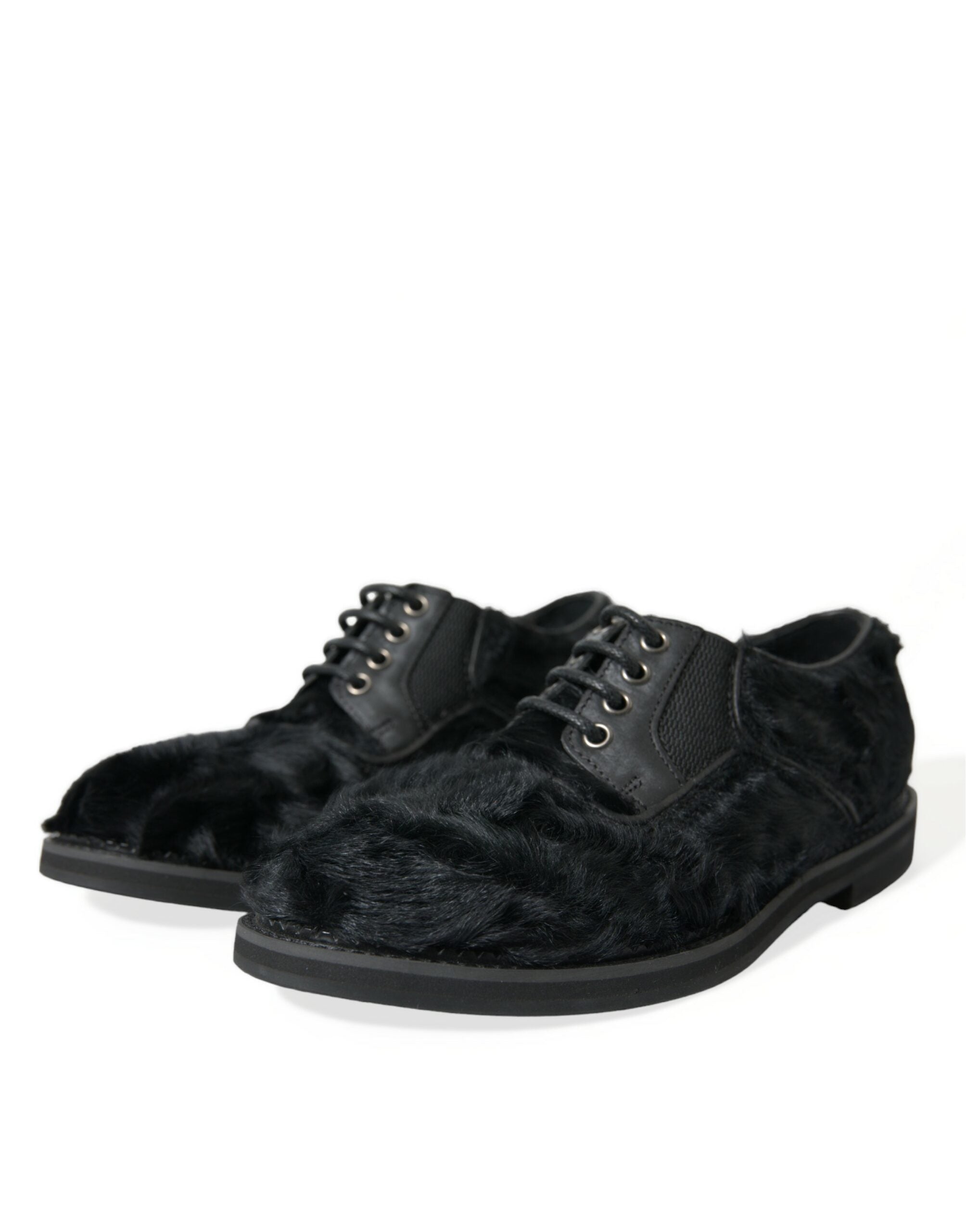 Chaussures Derby en cuir noir avec fourrure et laçage de Dolce & Gabbana, chaussures élégantes pour homme.
