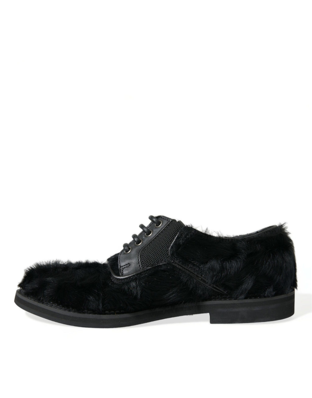 Chaussures derby en cuir noir et fourrure Dolce & Gabbana avec lacets, élégantes et sophistiquées.